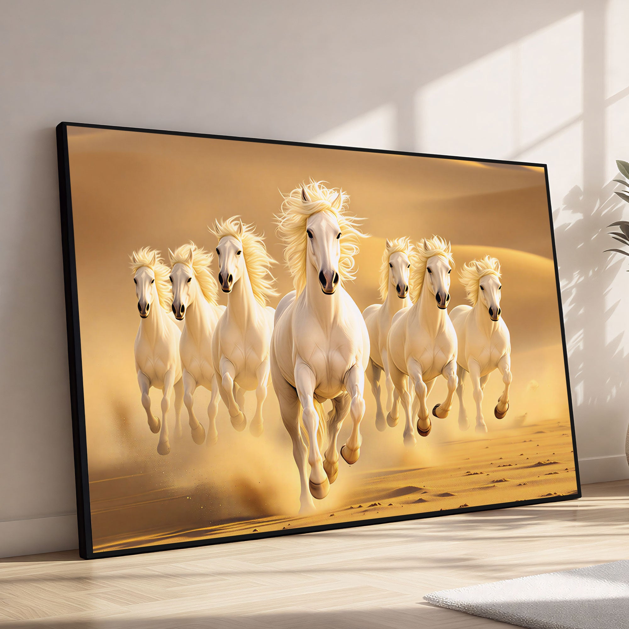 The Castle Decor 7 Running White Horses Wall Painting, Sunrise Sunset Theme, Vastu Wall Art for Living Room, Office, Bedroom Decor 20X30 inch -1004