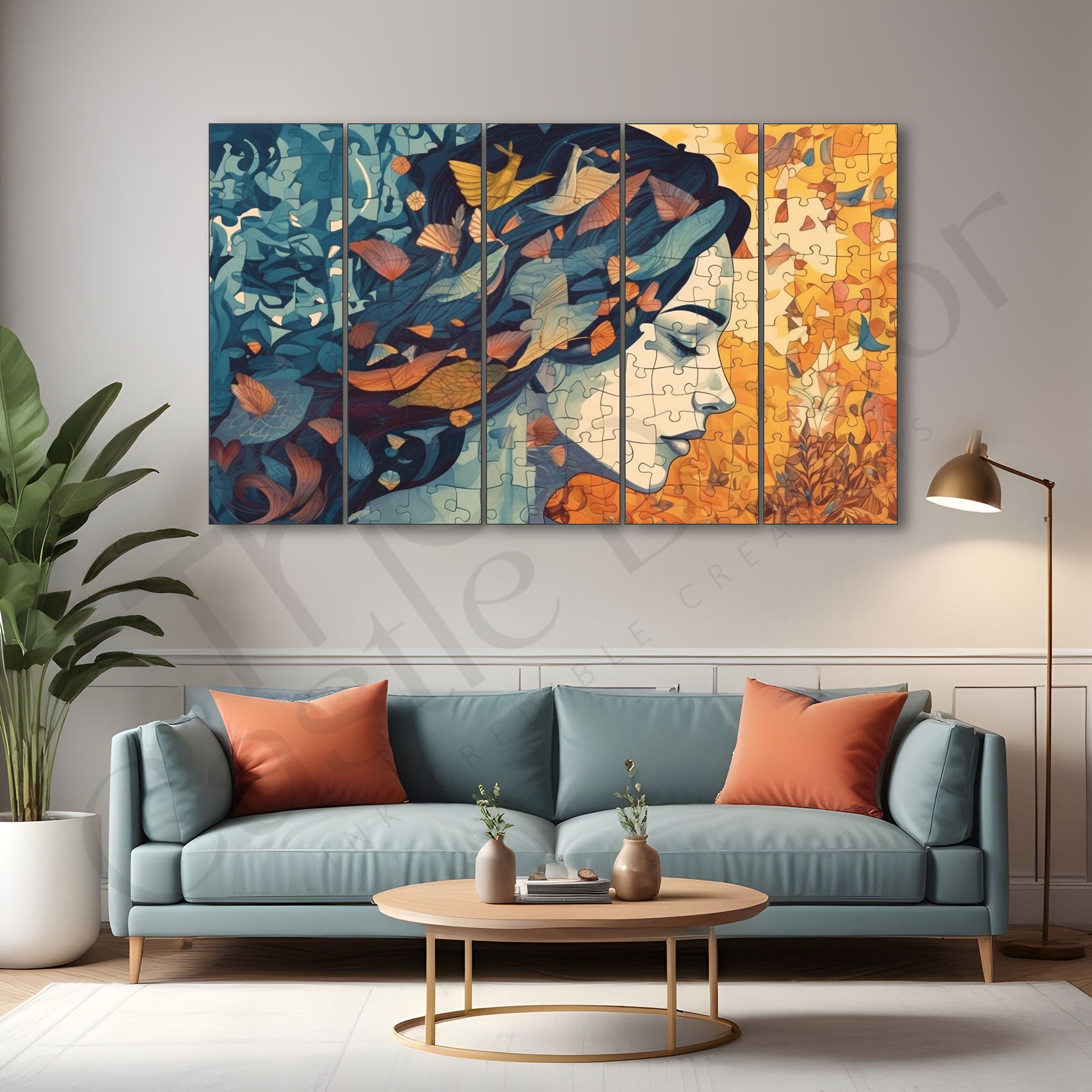 Modern Abstract Art Woman Puzzle Set of 5 Big Size Multiple Frames Wall Art Painting for living room,Bedroom,Drawing room,Hotels-Wooden Framed-Digital Painting
