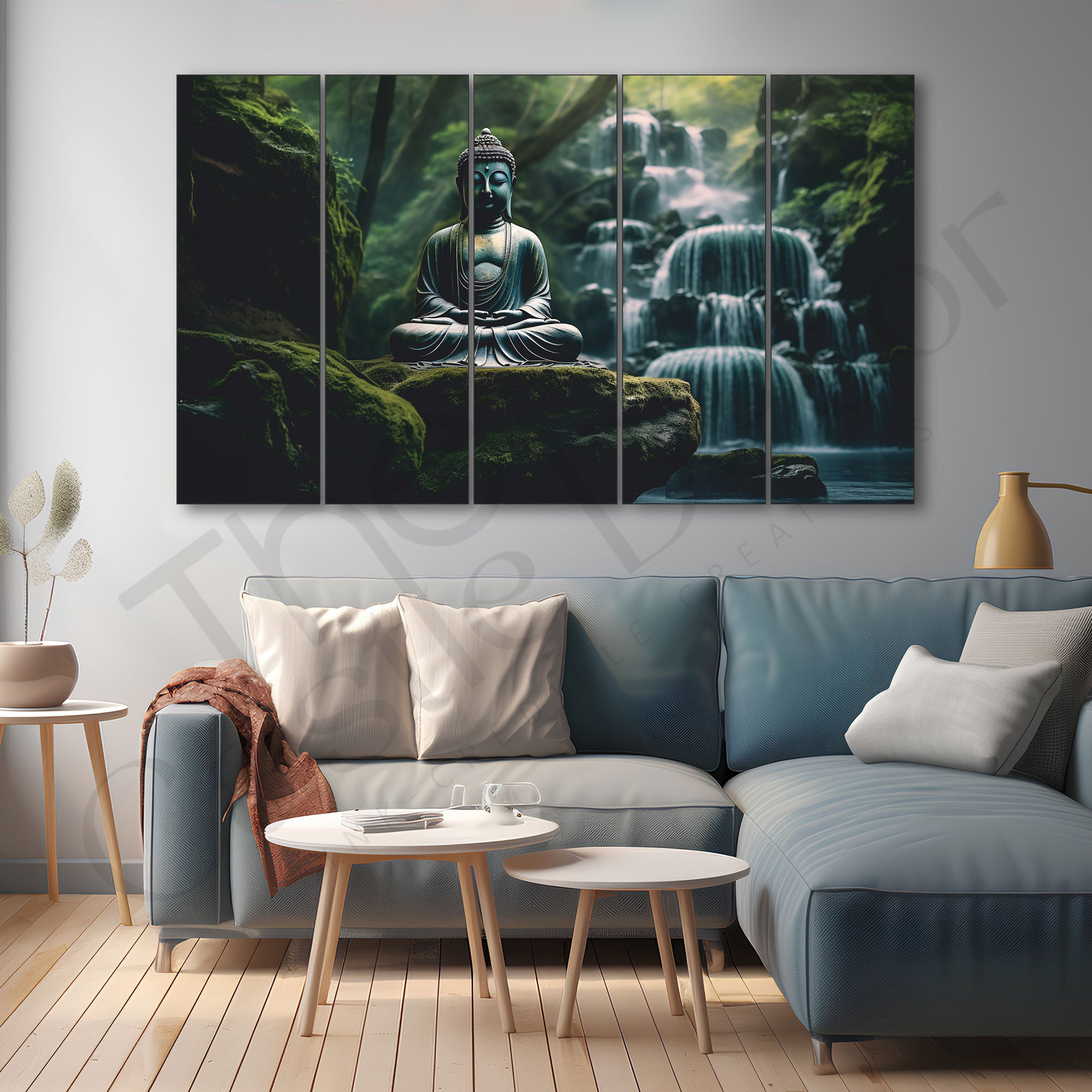 Lord Budha Meditating Waterfall Jungle Set of 5 Big Size Multiple Frames Wall Art Painting for living room,Bedroom,Drawing room,Hotels-Wooden Framed-Digital Painting