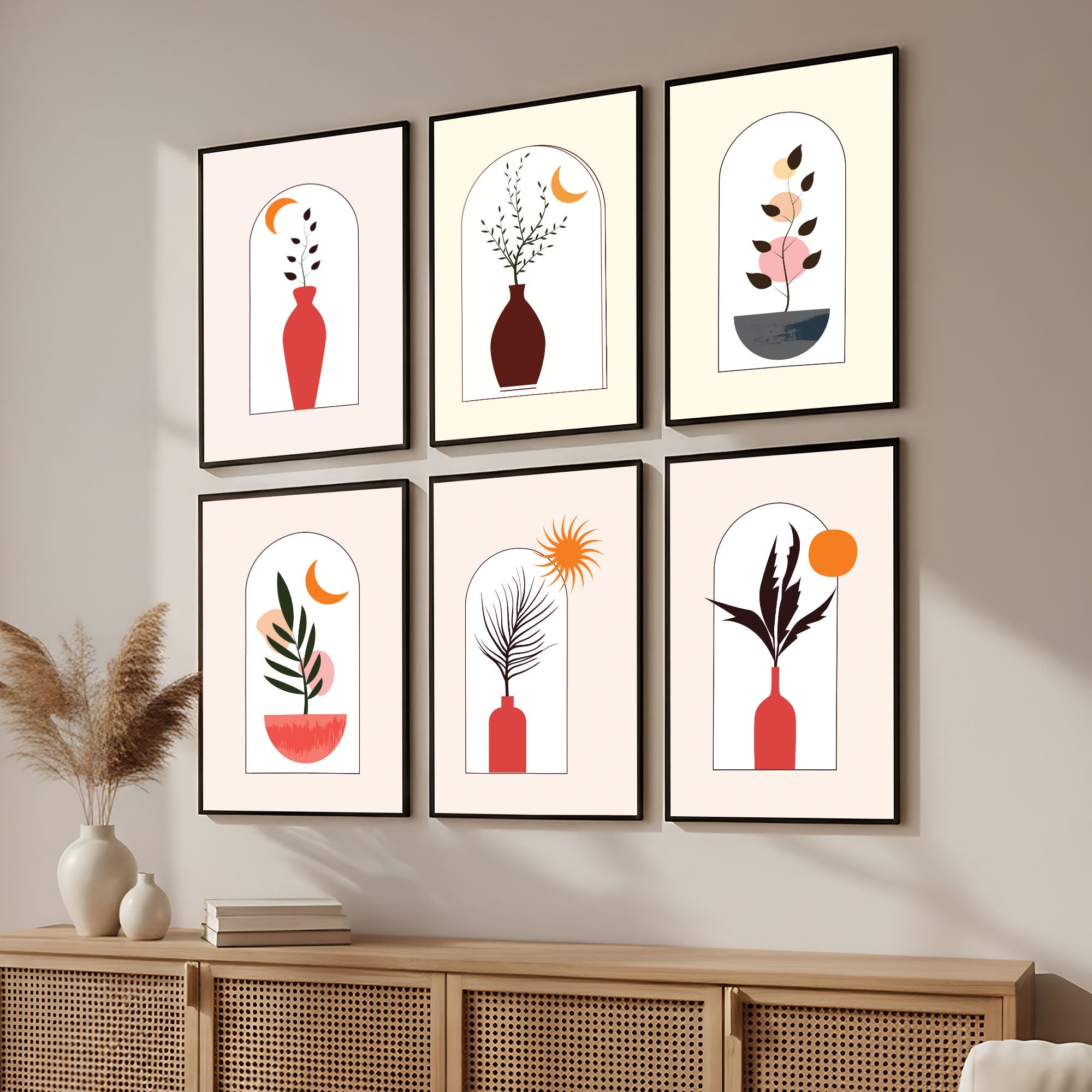 The Castle Decor Boho Wall Art for Living Room Big Size | Framed Abstract Botanical Paintings for Living Room & Bedroom | Modern Home Decoration & Perfect Gifting Option | Set of 6 (11×17 Inch Each)5