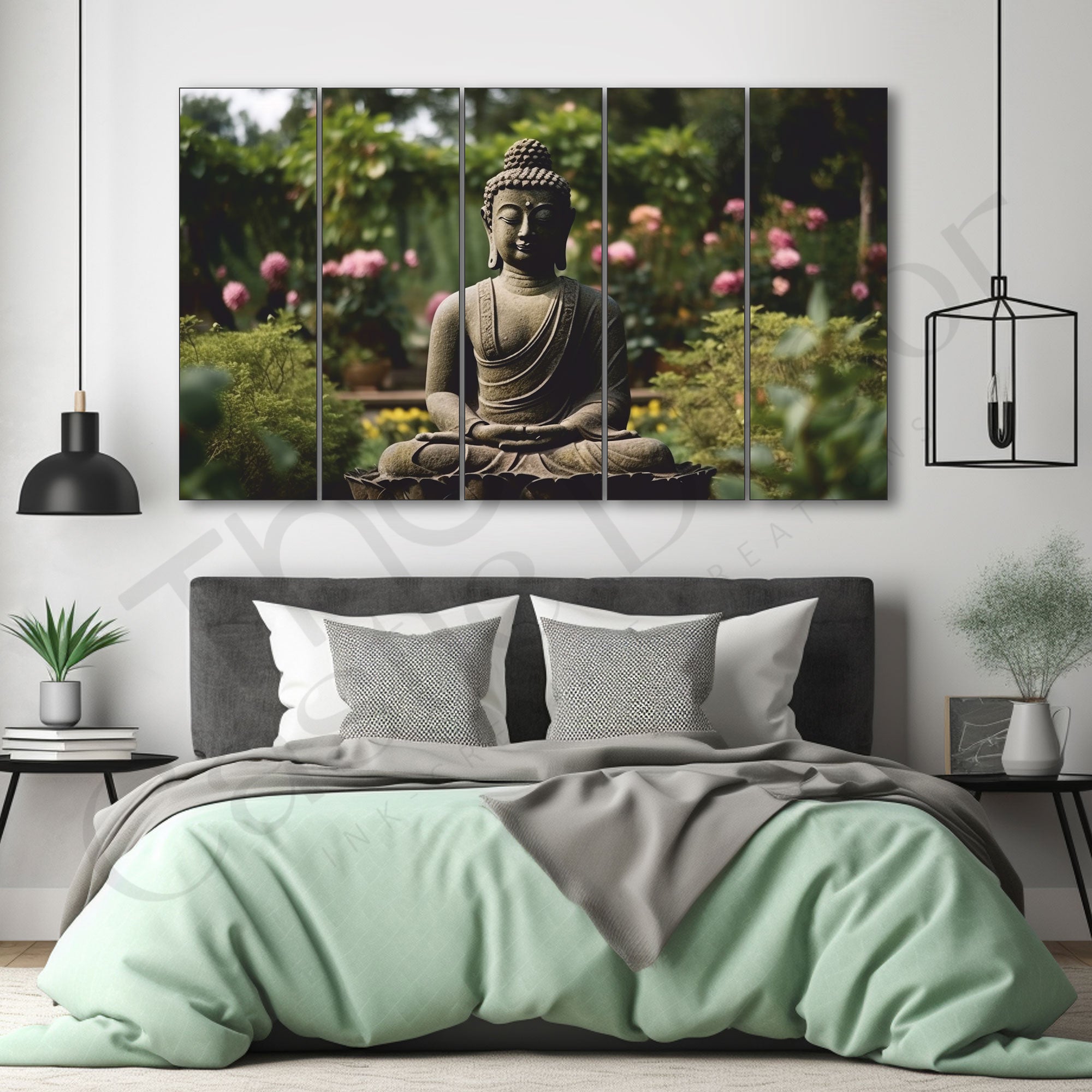 Meditation Budha with flowers Set of 5 Big Size Multiple Frames Wall Art Painting for living room,Bedroom,Drawing room,Hotels-Wooden Framed-Digital Painting