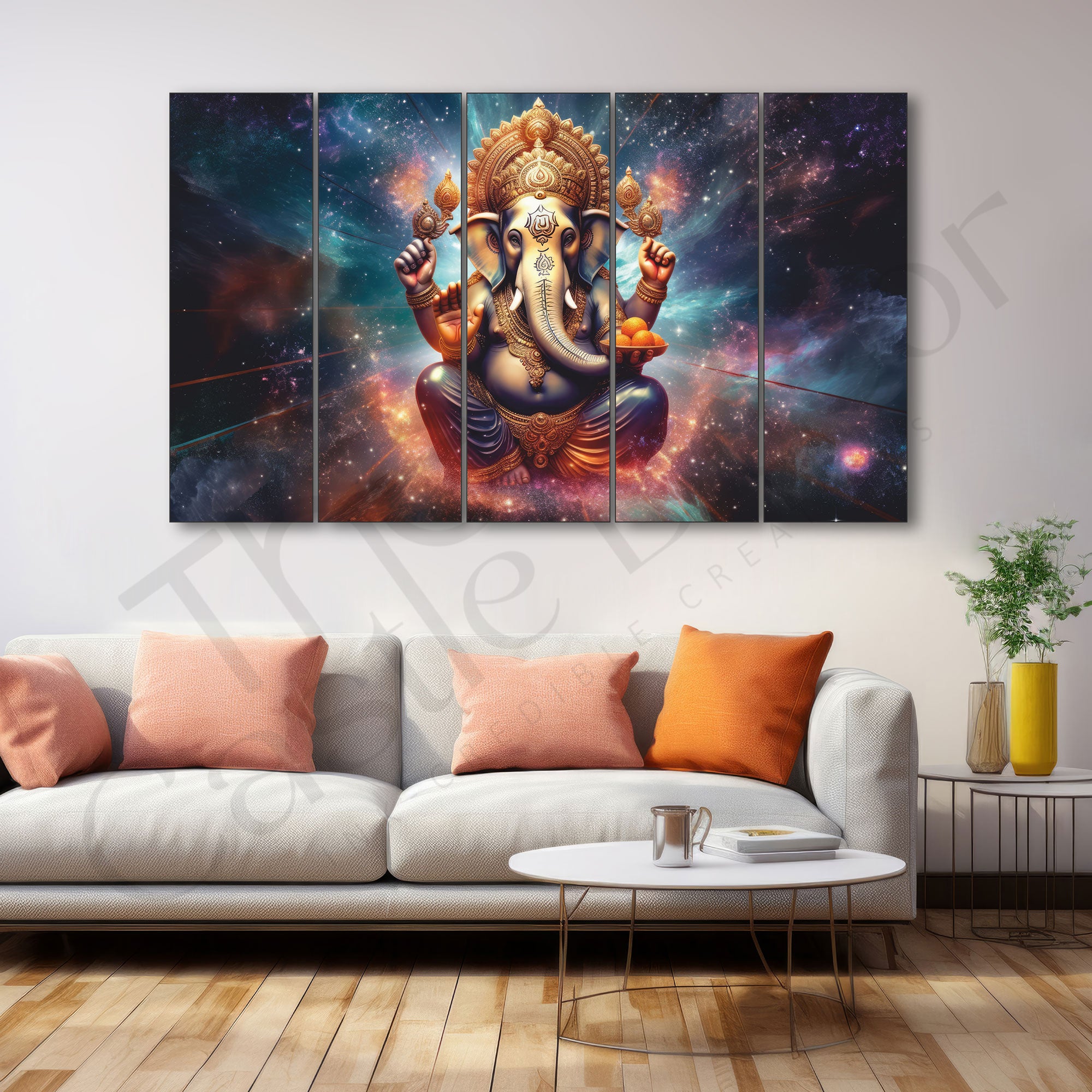 Ganesha Set of 5 Big Size Multiple Frames Wall Art Painting for living room,Bedroom,Drawing room,Hotels-Wooden Framed-Digital Painting