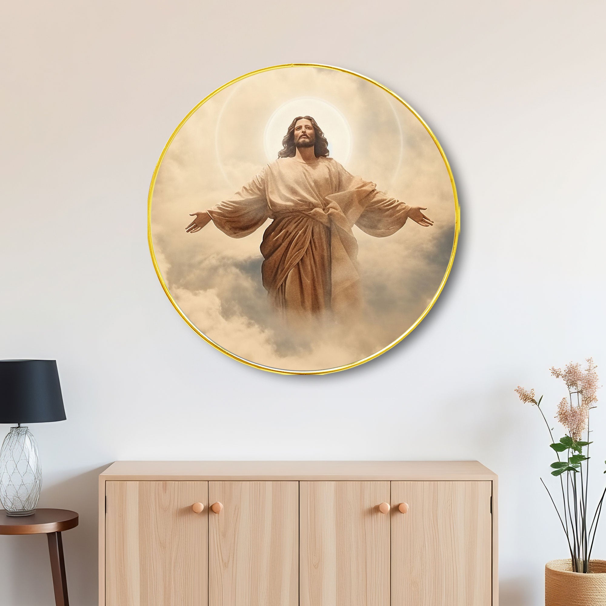 The Castle Decor Jesus Christ Wall Art Painting | Round Frame Religious Wall Hanging for Living Room, Bedroom, Hotel & Gift Décor