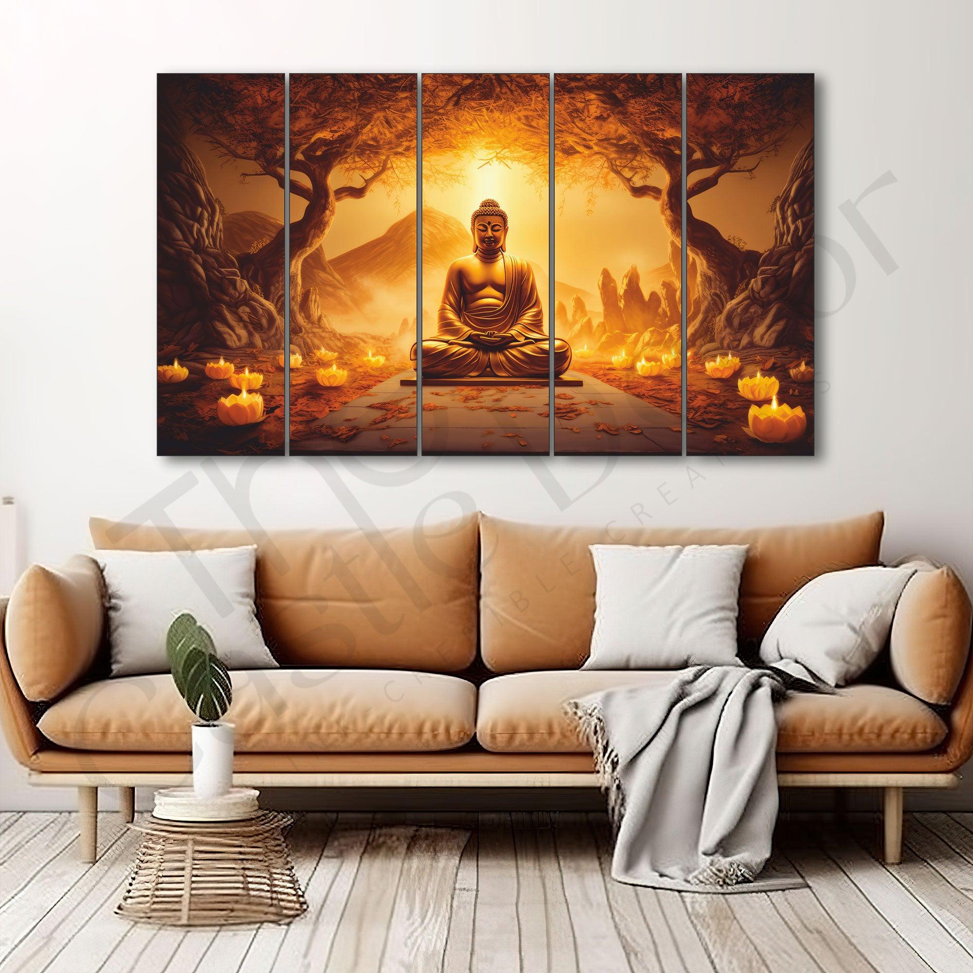 Lord Buddha in Trees Painting Set of 5 for Home Decoration