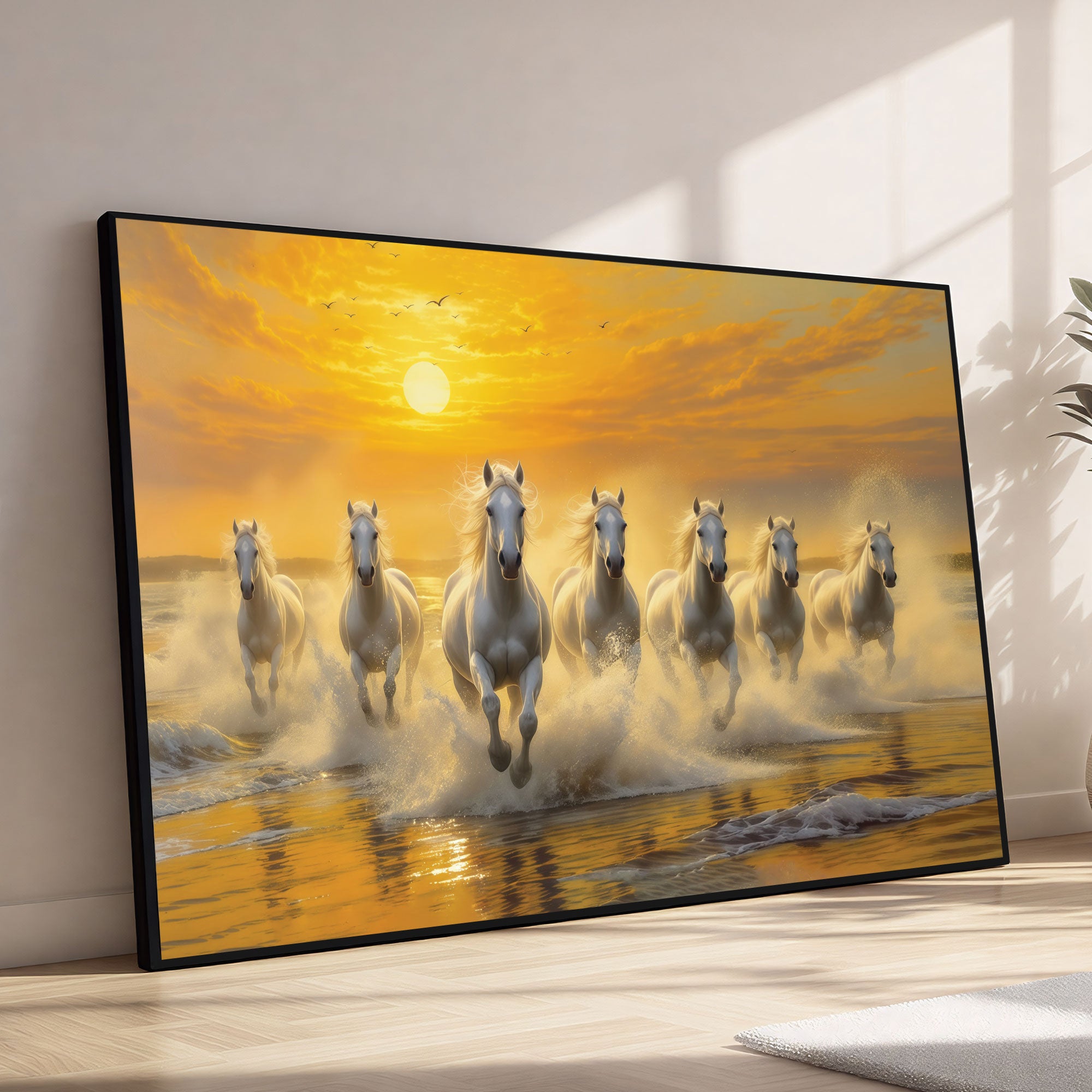 The Castle Decor 7 Running White Horses Wall Painting, Sunrise Sunset Theme, Vastu Wall Art for Living Room, Office, Bedroom Decor 20X30 inch -1002