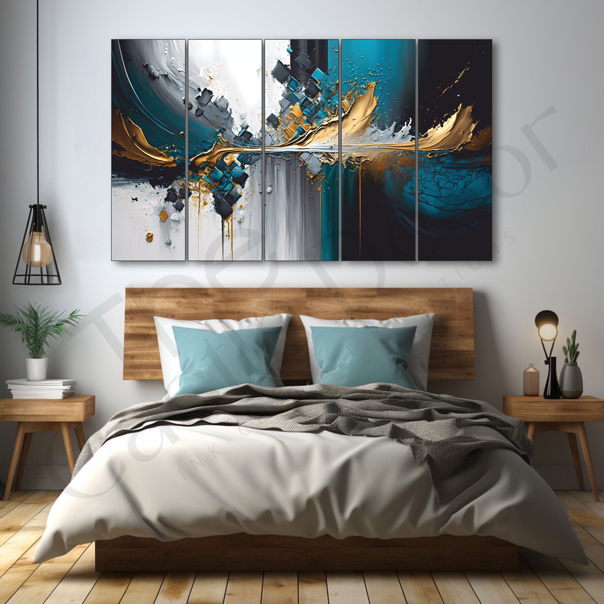 Modern abstract Set of 5 Big Size Multiple Frames Wall Art Painting for living room,Bedroom,Drawing room,Hotels-Wooden Framed-Digital Painting