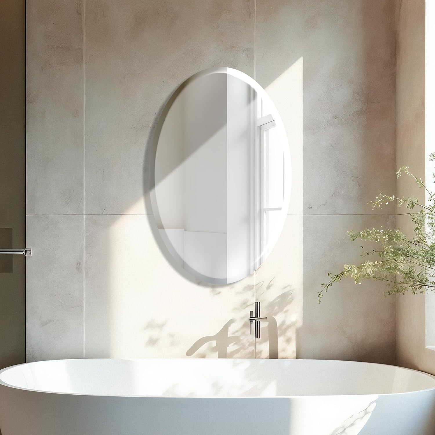 The Castle Decor Oval Glass Mirror for Bathroom Wall, Frameless 5mm Silver Glass Mirror with Beveled Edges, 18x24 Inch