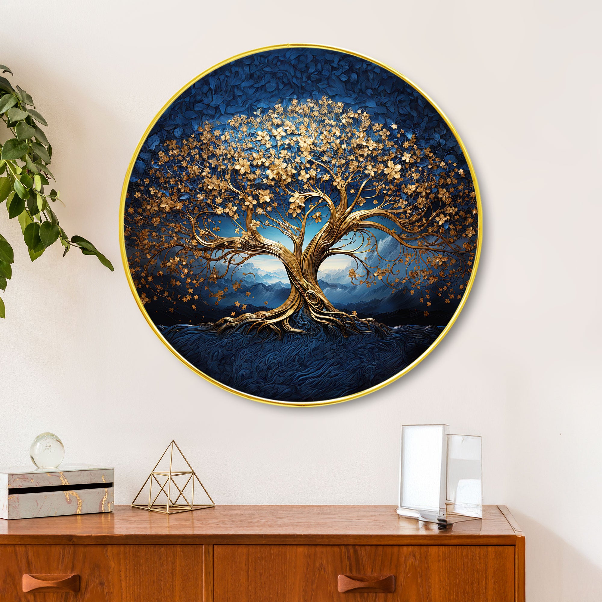 The Castle Decor Golden Wish Tree Wall Hanging | Round Frame Painting for Home Decoration, Living Room, Hotel & Gift Option