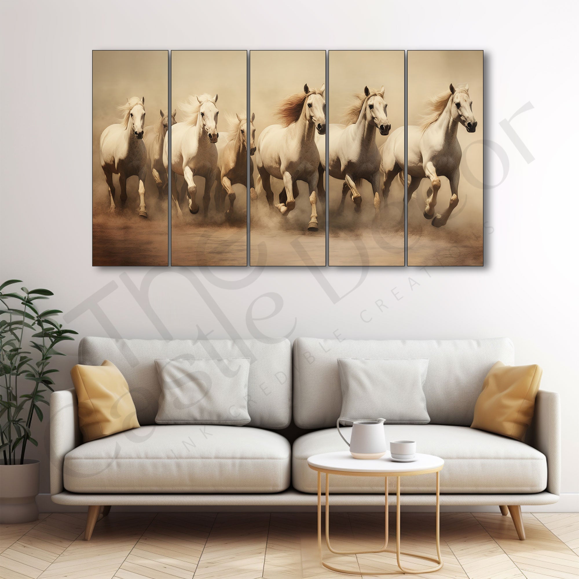 Vastu 7 running horse Set of 5 Big Size Multiple Frames Wall Art Painting for living room,Bedroom,Drawing room,Hotels-Wooden Framed-Digital Painting