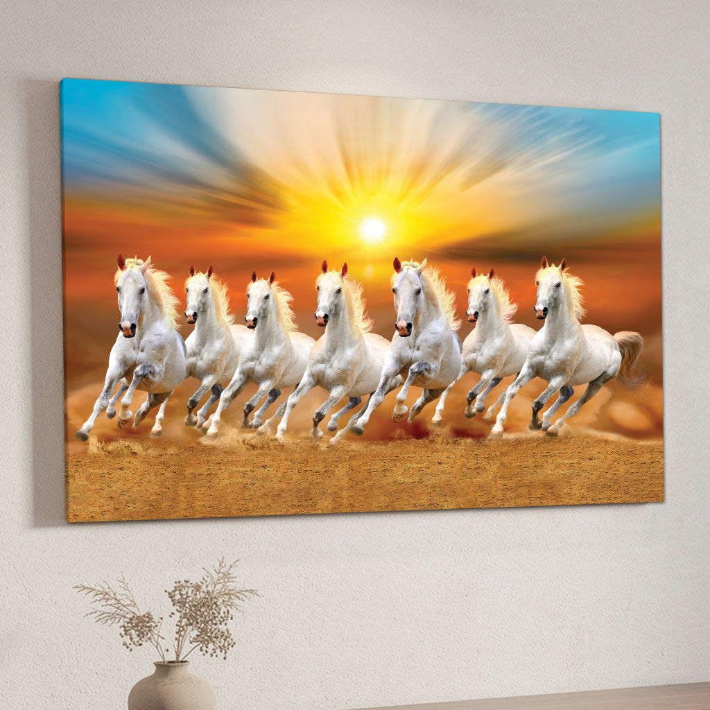 The Castle Decor 7 Running White Horses Wall Painting, Sunrise Sunset Theme, Vastu Wall Art for Living Room, Office, Bedroom Decor 12x18 inch 1005