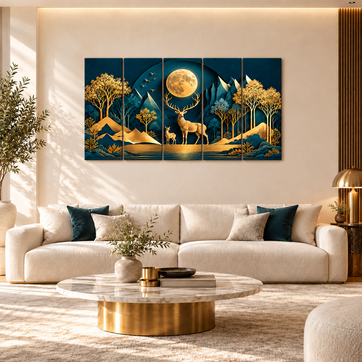 Golden Deer Nature Painting Set of 5 for Home Decoration