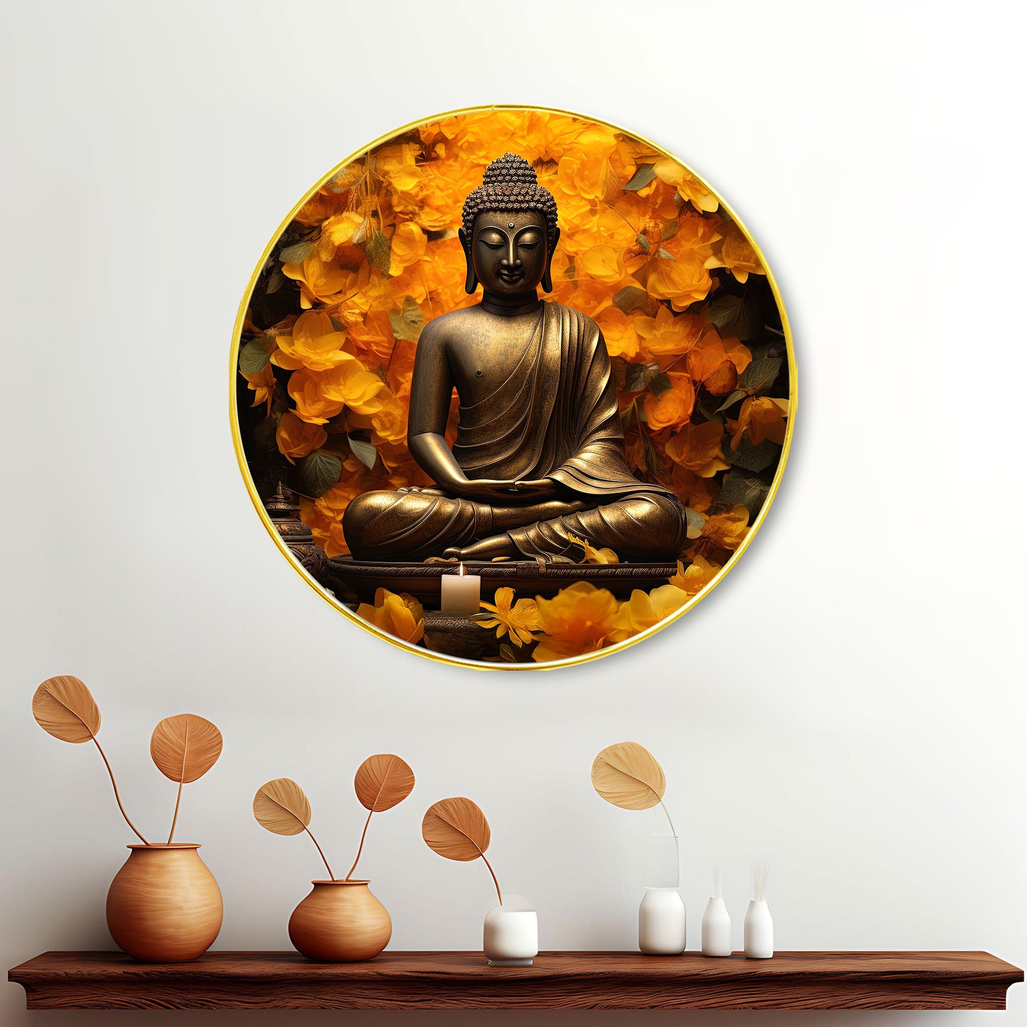 The Castle Decor Buddha Meditation Round Wall Art | Slim Golden Frame Wall Hanging for Home, Living Room, Office, Hotel & Gift Decoration