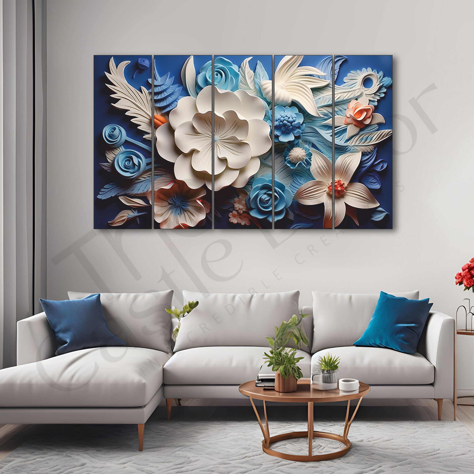 Multi color flowers Set of 5 Big Size Multiple Frames Wall Art Painting for living room,Bedroom,Drawing room,Hotels-Wooden Framed-Digital Painting
