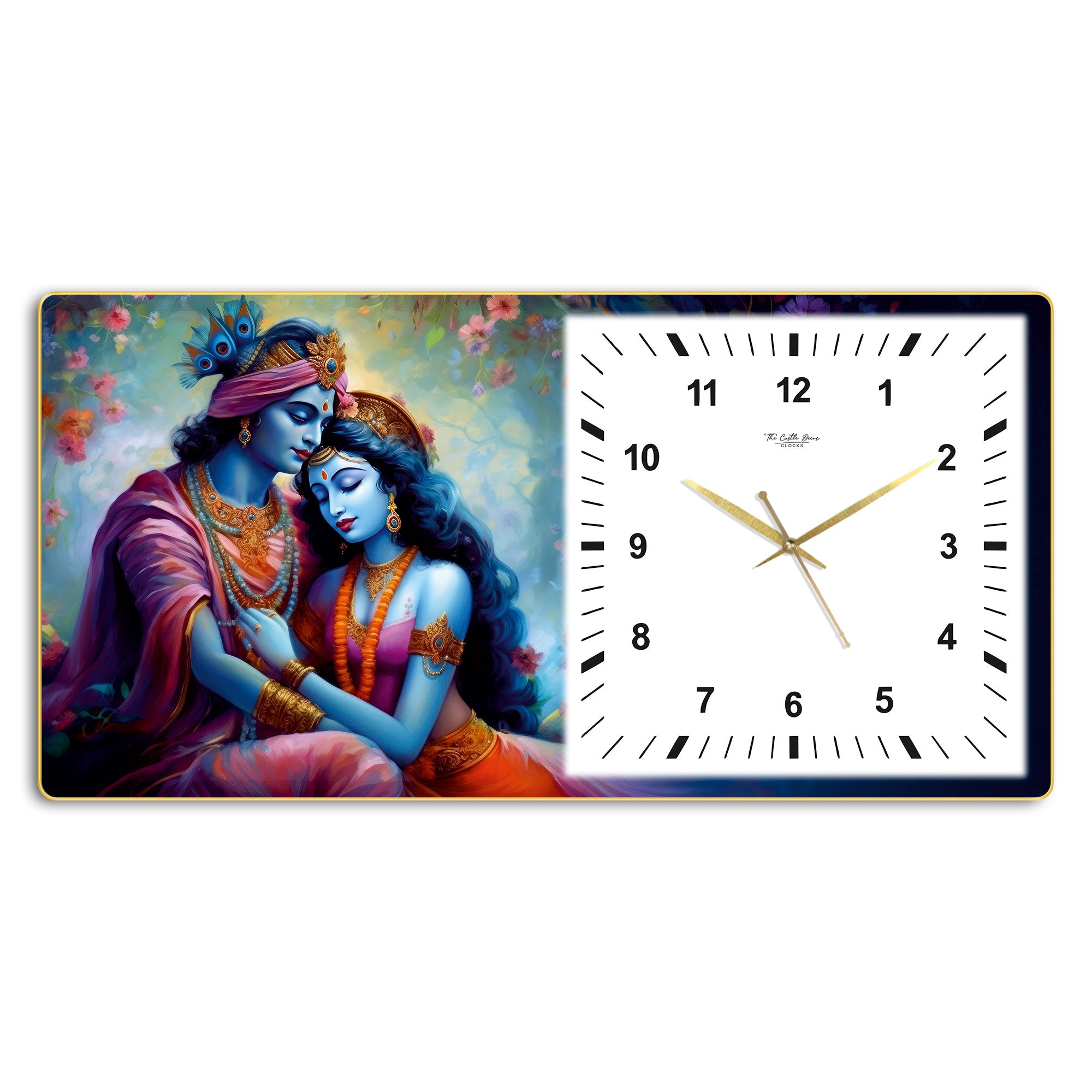 The Castle Decor Radha Krishna Decorative Wall Clock 24x12 Inch, Silent Sweep Non-Ticking Modern Wall Clock with Golden Slim Frame