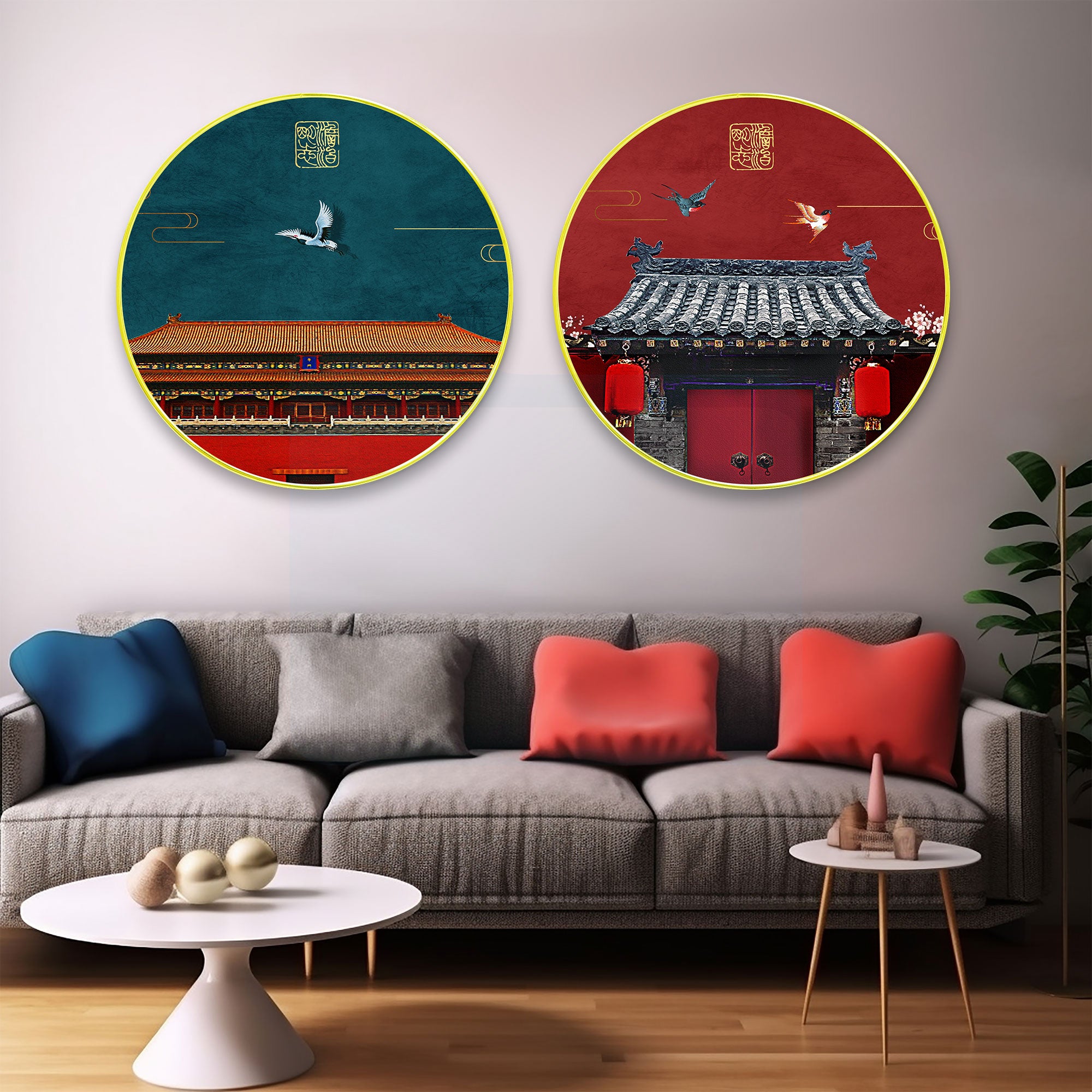 Japanese Sparkle Wooden Wall Plates Set of 2 for Home Decoration Art-41
