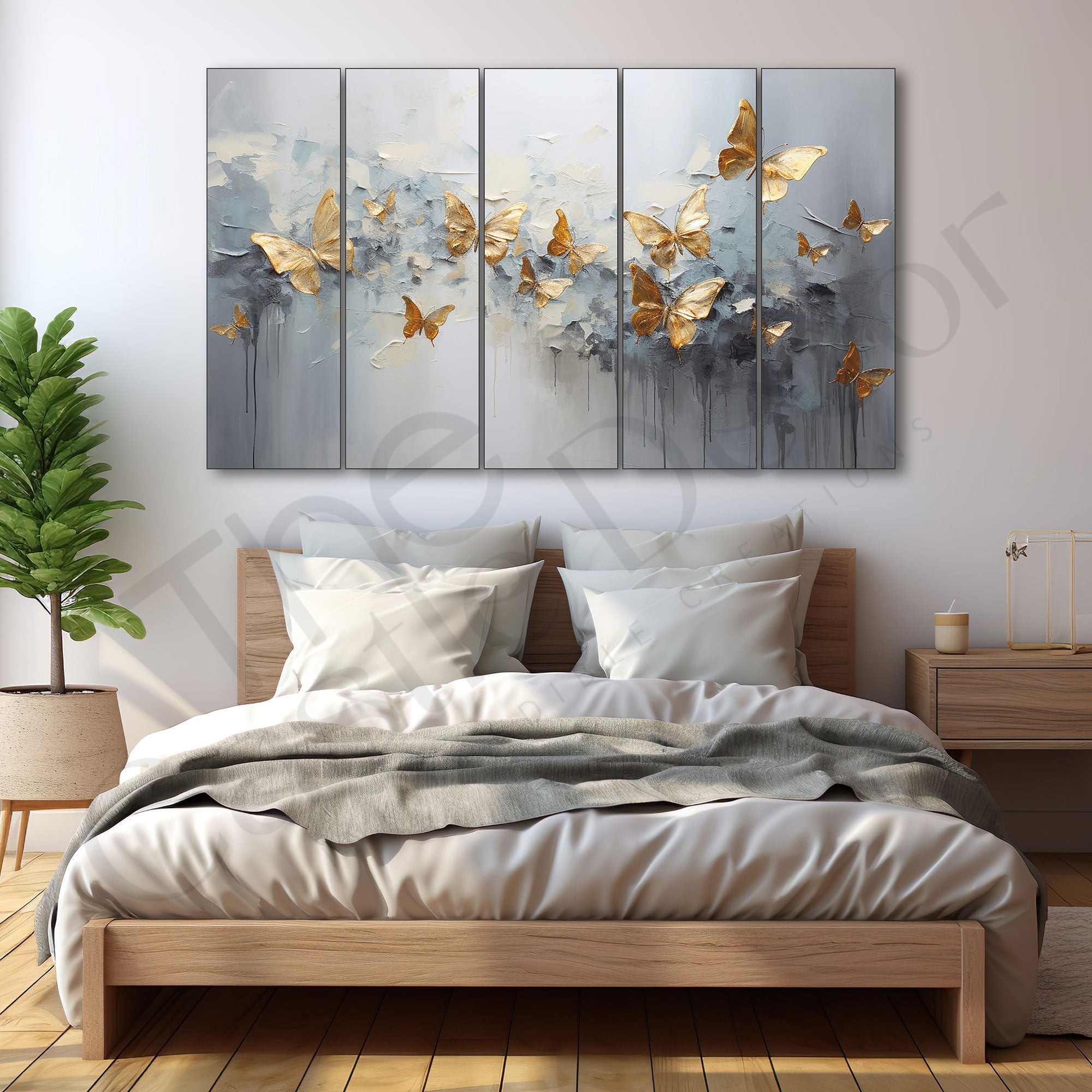 Golden butterflies Set of 5 Big Size Multiple Frames Wall Art Painting for living room,Bedroom,Drawing room,Hotels-Wooden Framed-Digital Painting 27x48"
