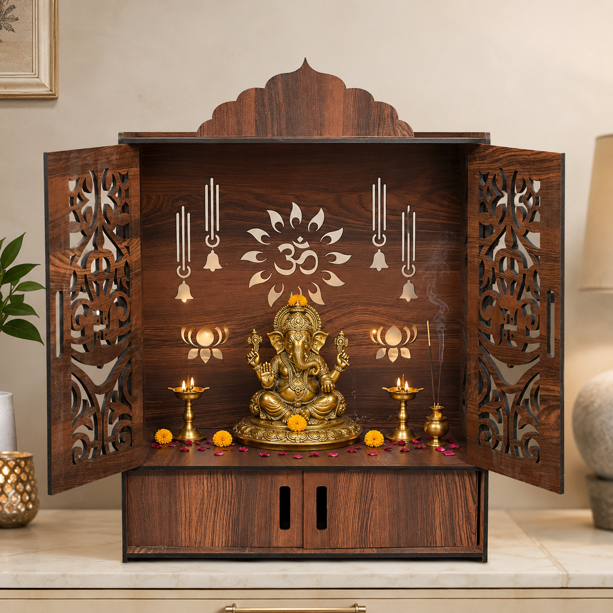 The Castle Decor Wooden Mandir for Home, Wall Hanging & Tabletop Pooja Temple with Double Doors, Om & Lotus Cutwork, Storage Cabinet, Dark Walnut MDF for Pooja Room, 16.5 x 24.5 x 10.5 Inch
