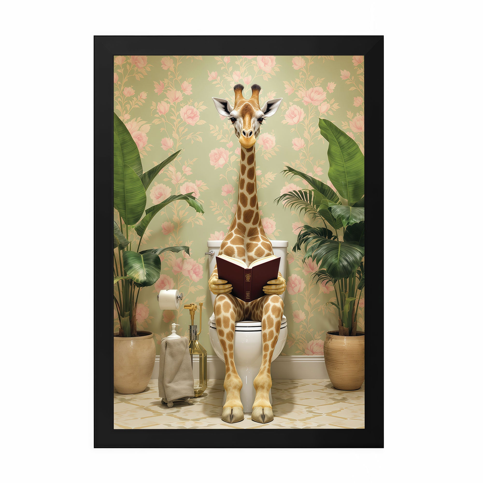 The Castle Decor Funny Giraffe Bathroom Wall Art | Animal Reading on Toilet Framed Poster | Quirky Washroom Decor | Modern Funny Bathroom Painting