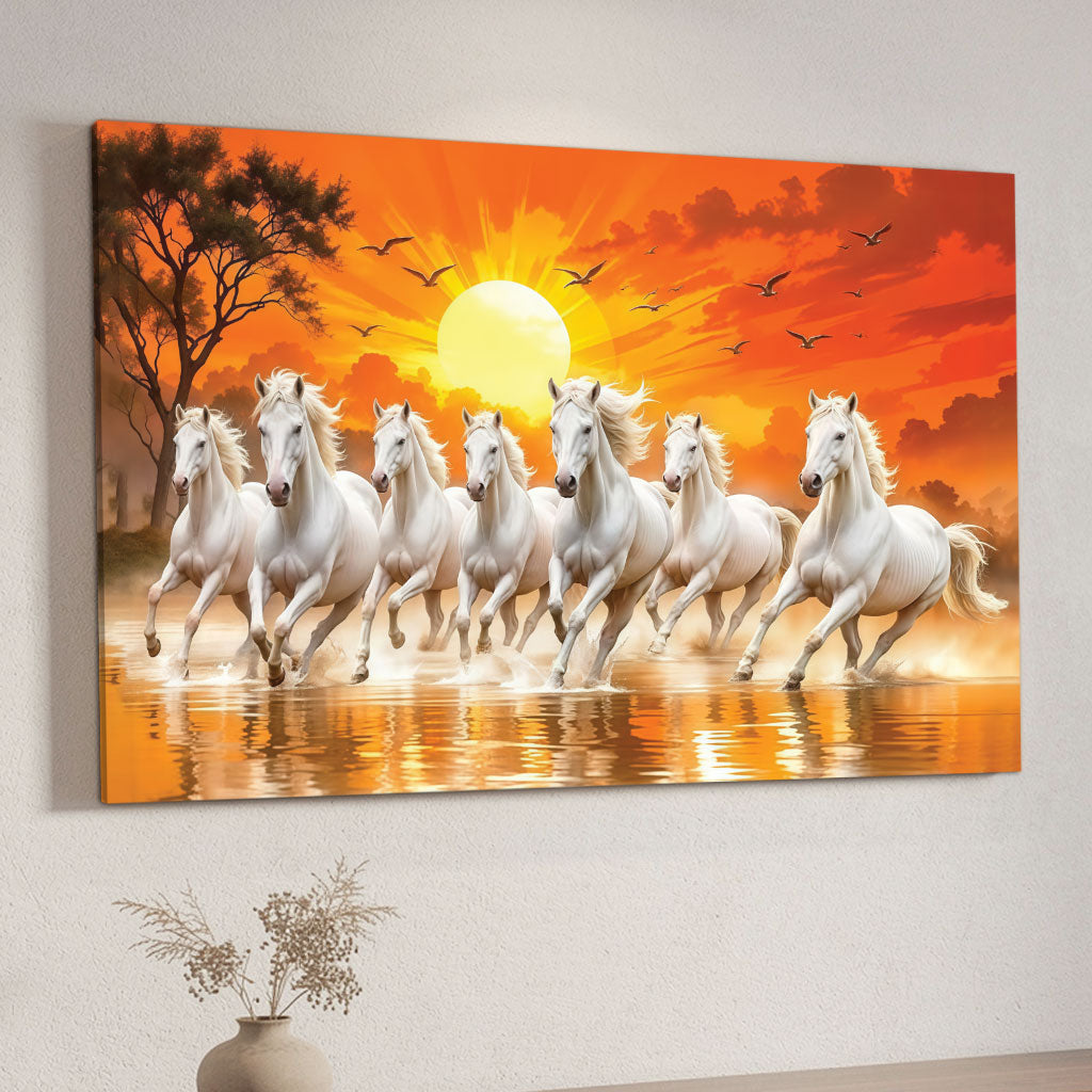The Castle Decor 7 Running White Horses Wall Painting, Sunrise Sunset Theme, Vastu Wall Art for Living Room, Office, Bedroom Decor 16x24 1001