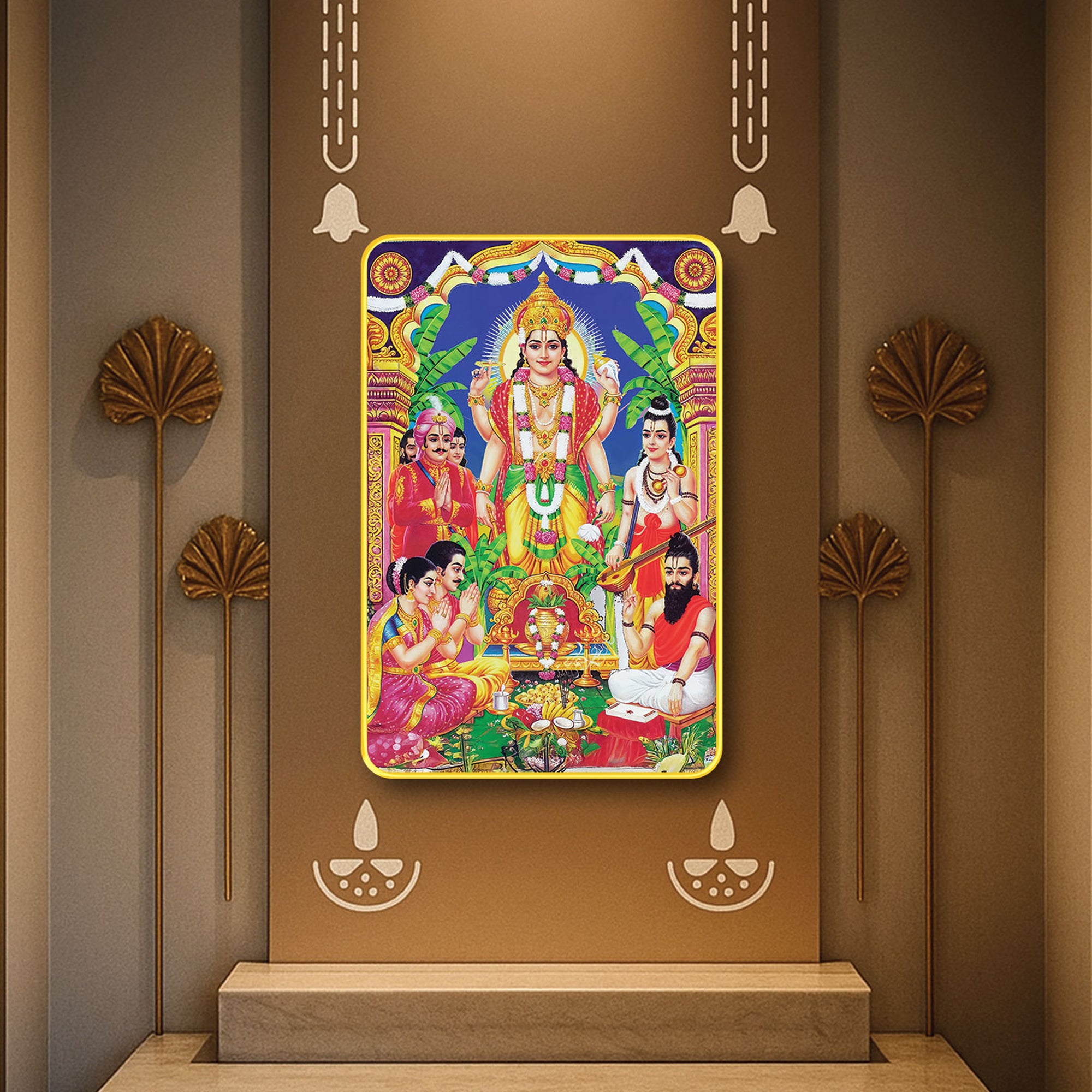 The Castle Decor Divine Lord Satyanarayan Sparkle Digital Print | Premium Golden Slim Frame | Sacred Hindu God Wall Decor for Home, Office & Temple 20X30 Inches