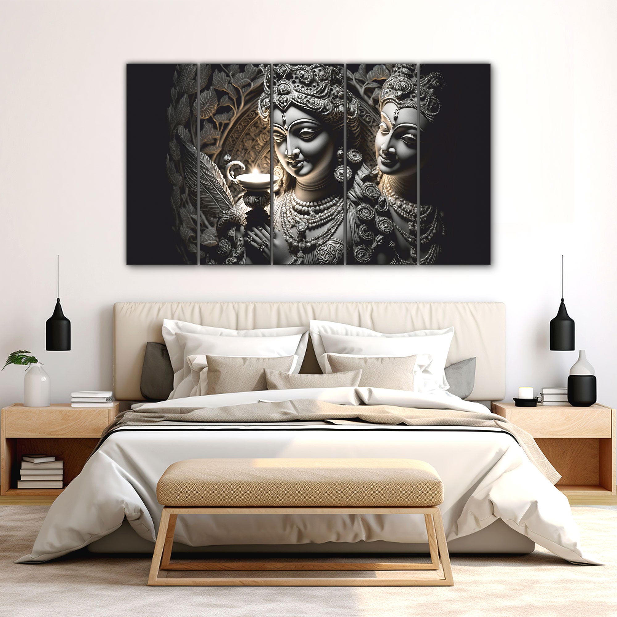 Radha.krishan Set of 5 Big Size Multiple Frames Wall Art Painting for living room,Bedroom,Drawing room,Hotels-Wooden Framed-Digital Painting