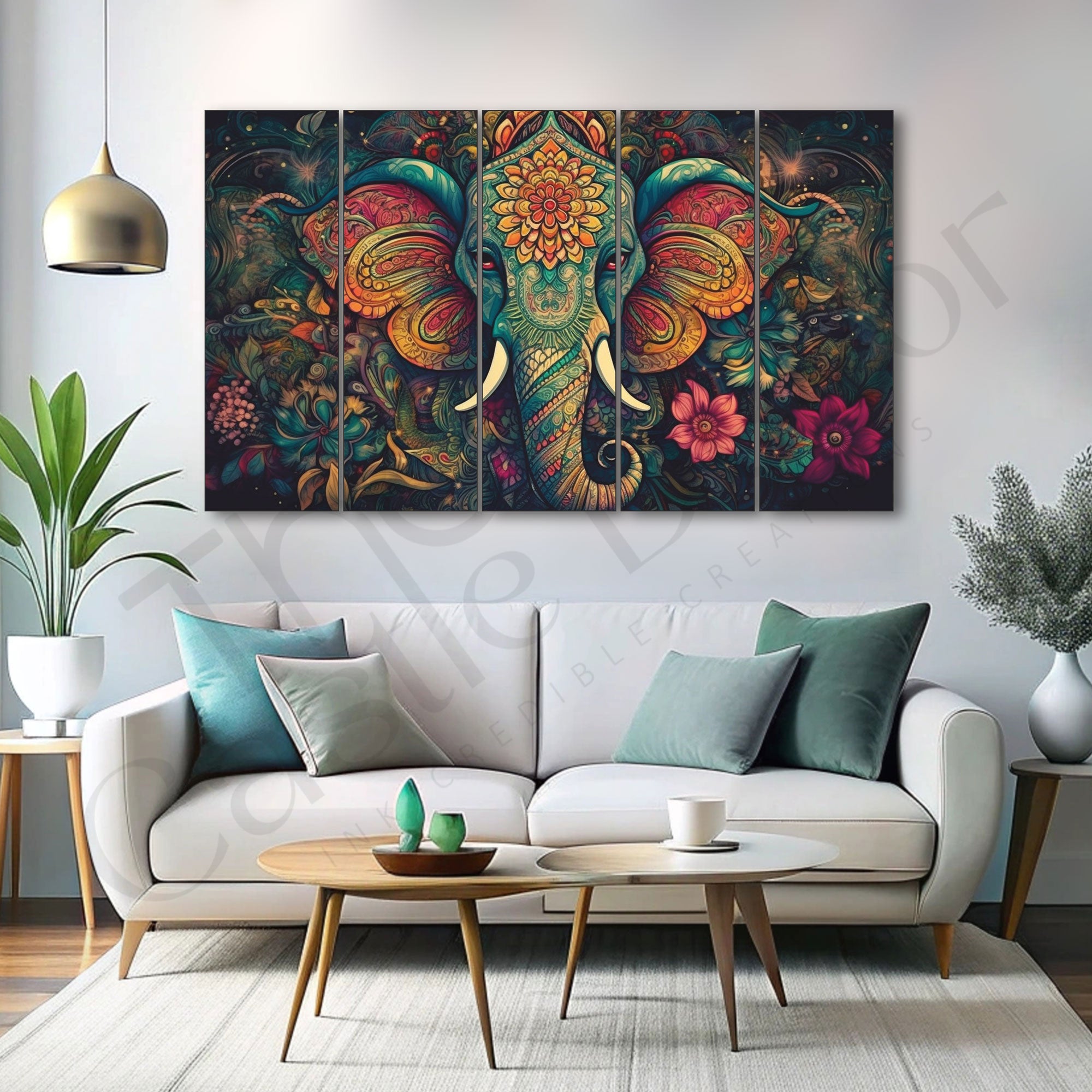 Gentle Majesty Elephant Head Floating Set of 5 Big Size Multiple Frames Wall Art Painting for living room,Bedroom,Drawing room,Hotels-Wooden Framed-Digital Painting 27x48"
