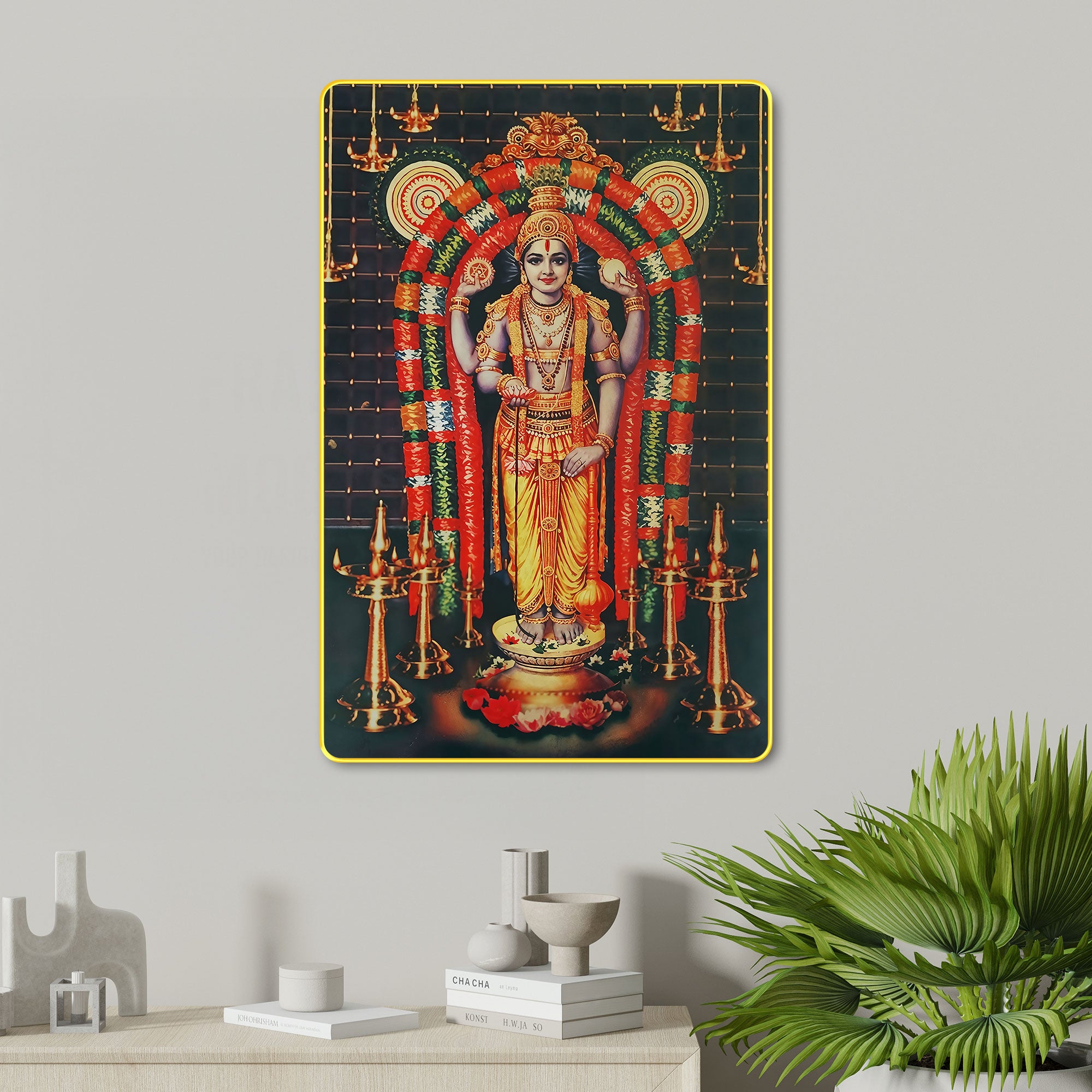 The Castle Decor Divine Shree Guruvayurappan Wall Art | Sparkle Laminated Digital Print in Golden Slim Frame | Spiritual Wall Décor for Pooja Room, Living Room, Bedroom & Office
