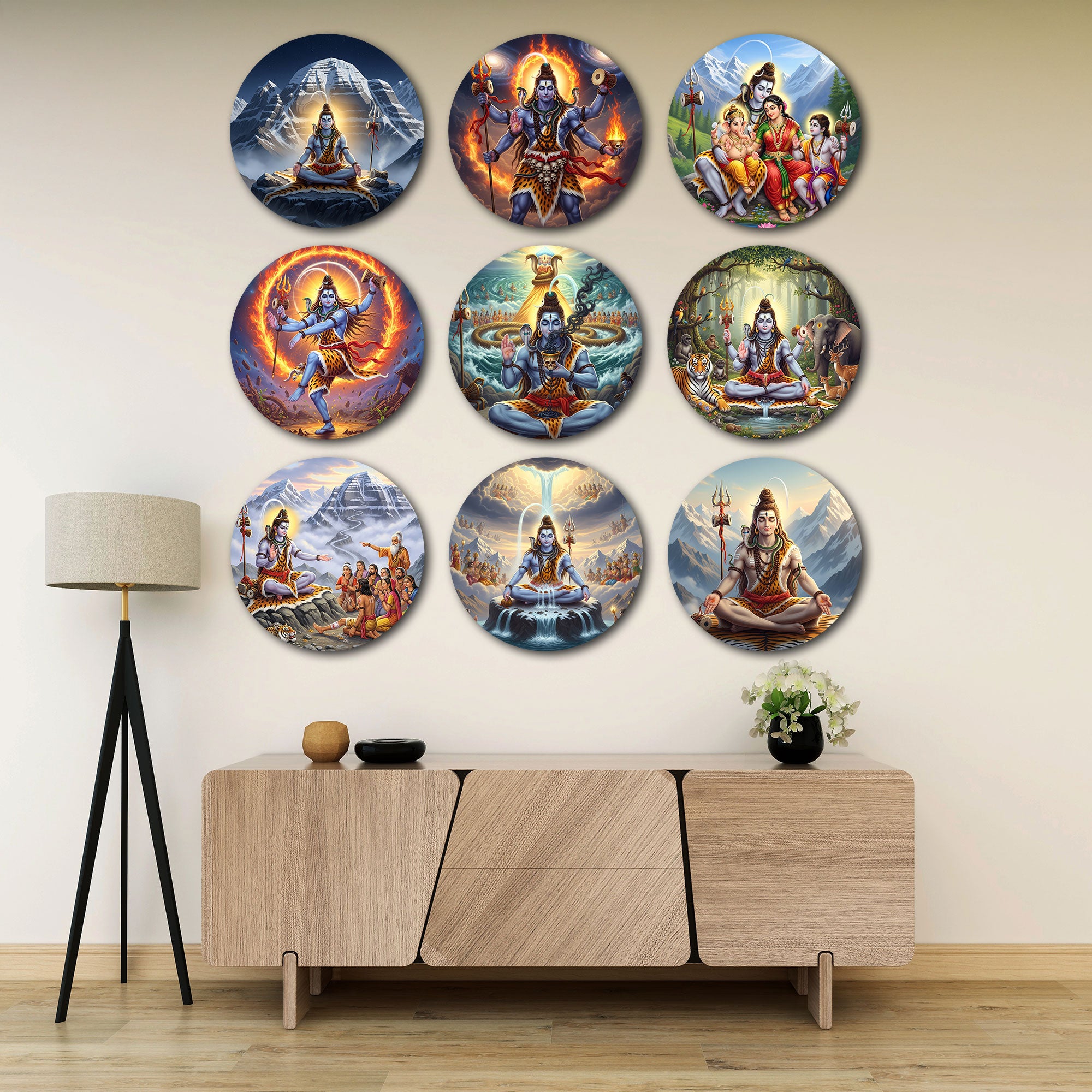 Lord Shiva Round Wall Art - Set of 9 Spiritual Decorative Panels for Home & Office