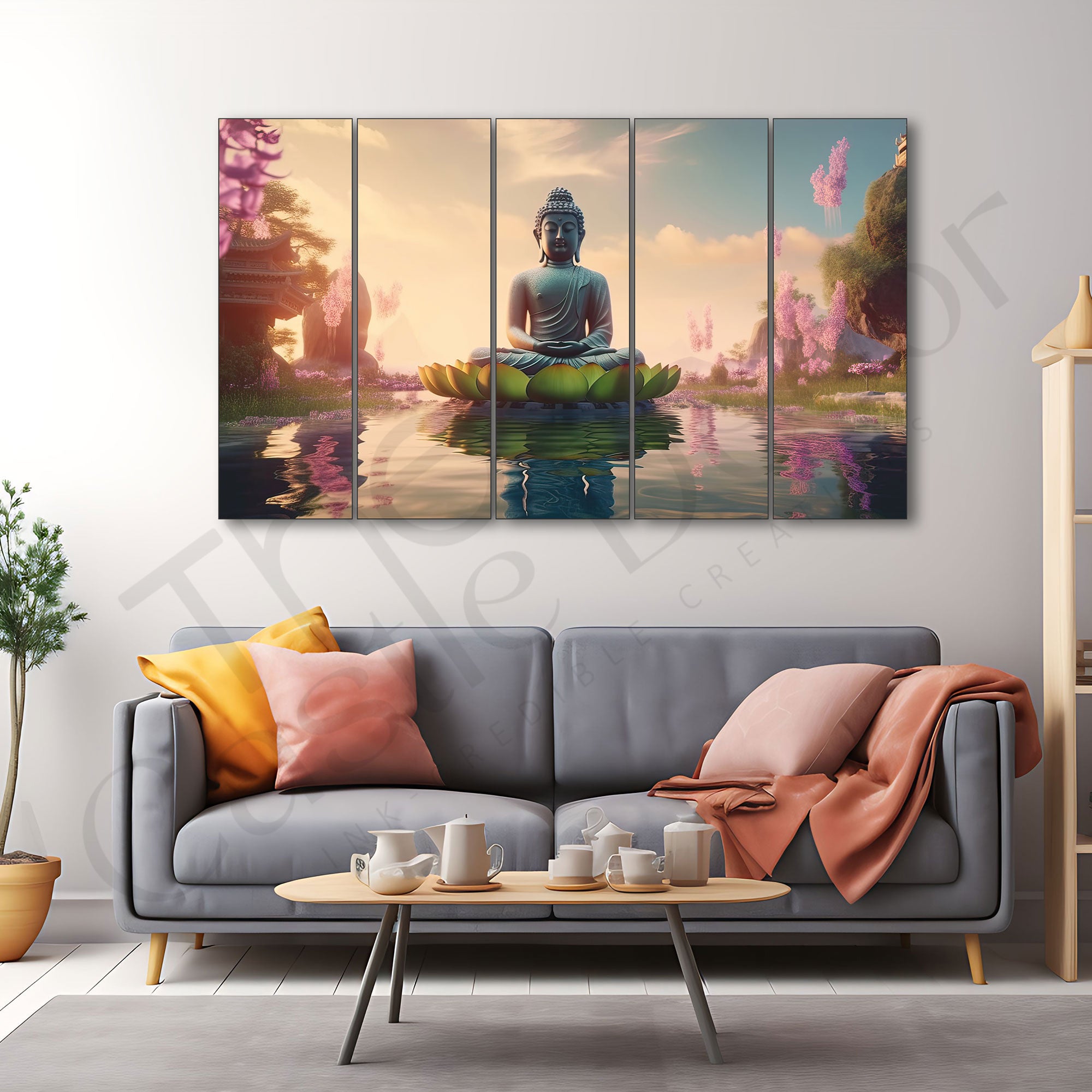Lord Budha Meditating Painting Set of 5 for Home Decoration