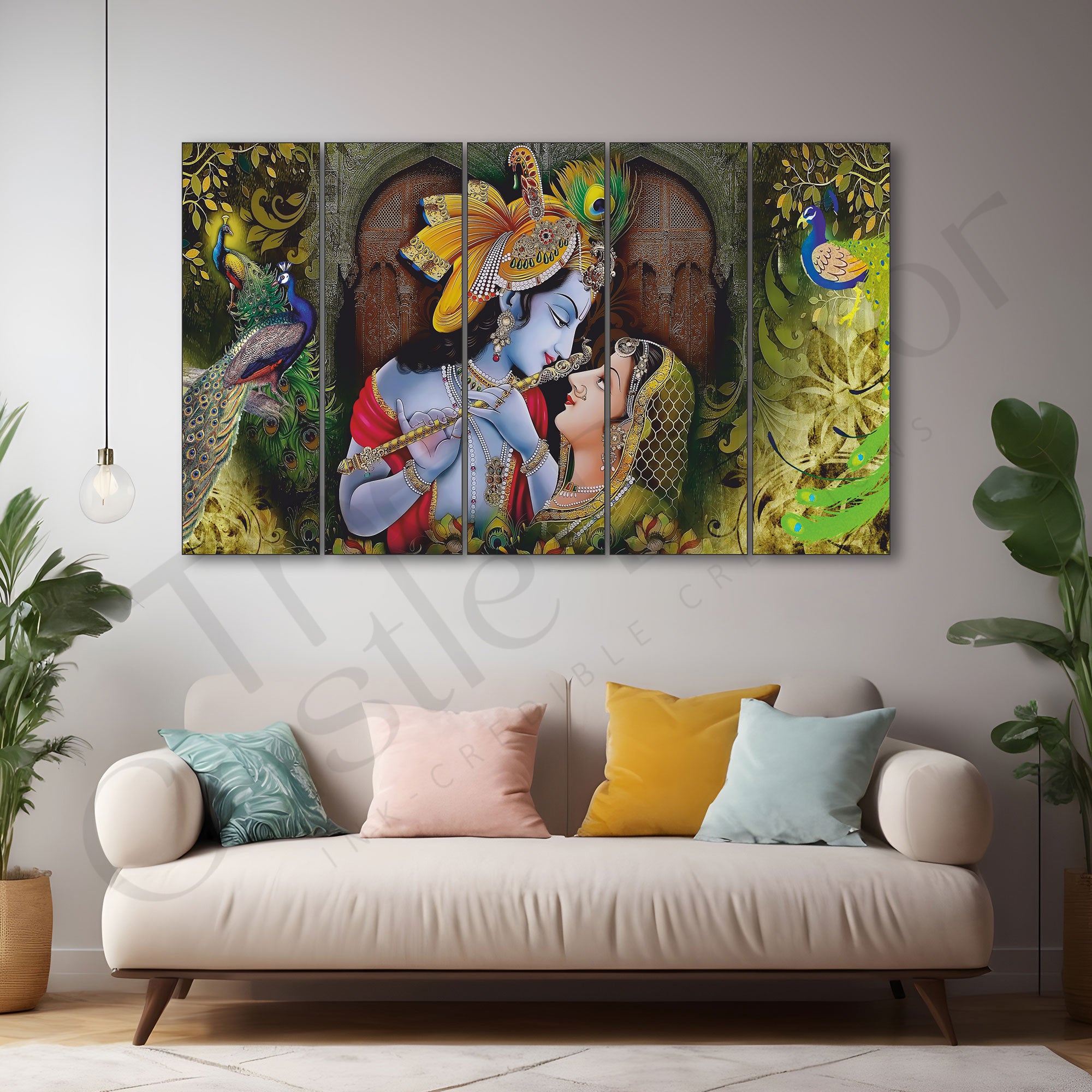 Radha krishan painting with frame Set of 5 Big Size Multiple Frames Wall Art Painting for living room,Bedroom,Drawing room,Hotels-Wooden Framed-Digital Painting