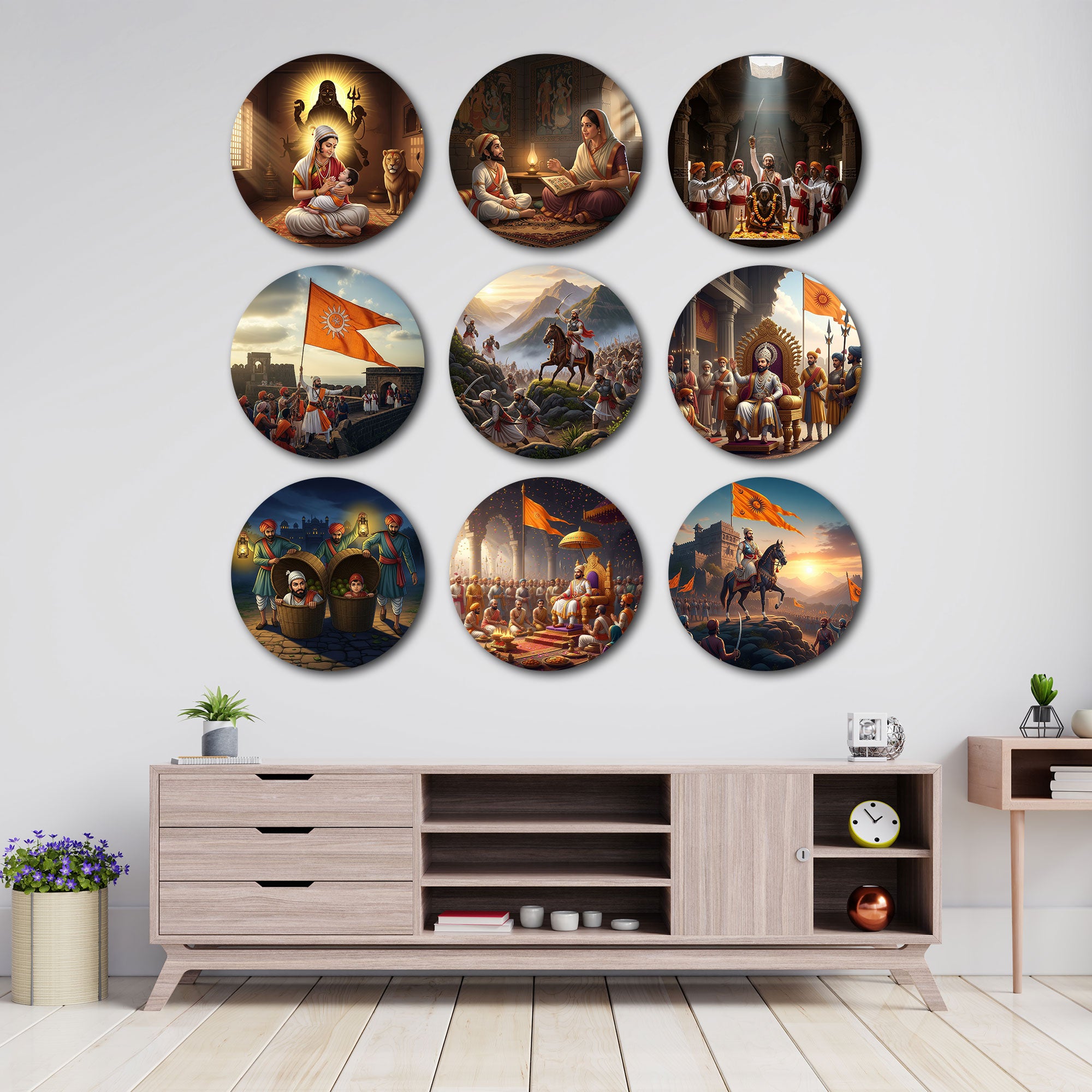 Chhatrapati Shivaji Maharaj Wall Plate Set – Historical Decorative Round Art Plates (Set of 9)