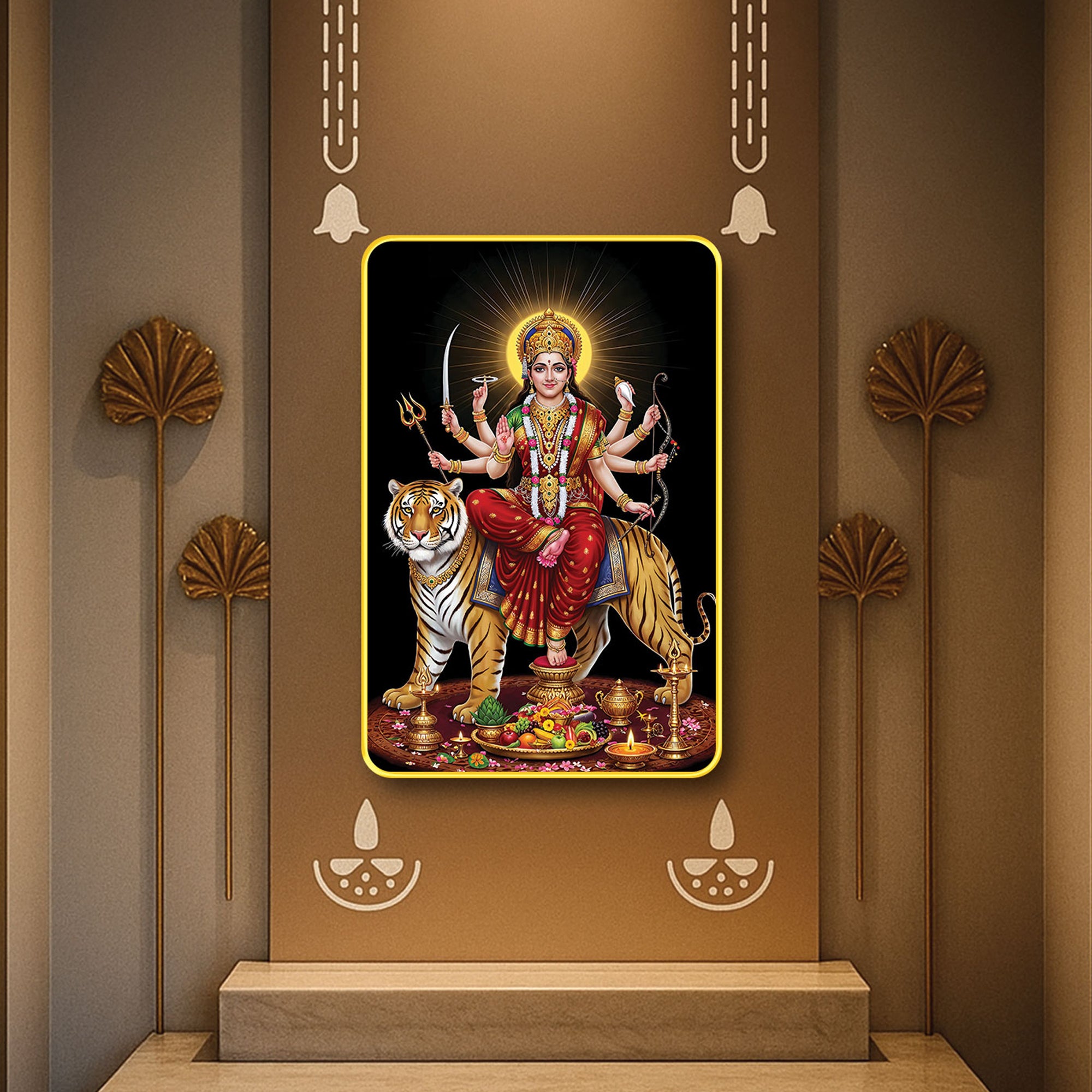 The Castle Decor Maa Durga Sparkle Laminated Digital Print | Golden Slim Frame Wall Hanging | Perfect for Pooja Room, Home Temple & Gift Purpose 20X30 Inches