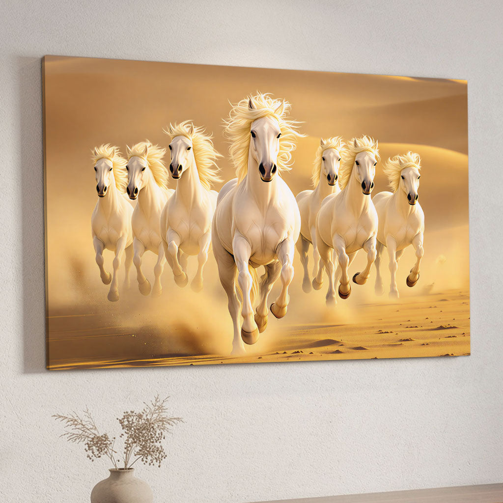 The Castle Decor 7 Running White Horses Wall Painting, Sunrise Sunset Theme, Vastu Wall Art for Living Room, Office, Bedroom Decor 16x24 1004