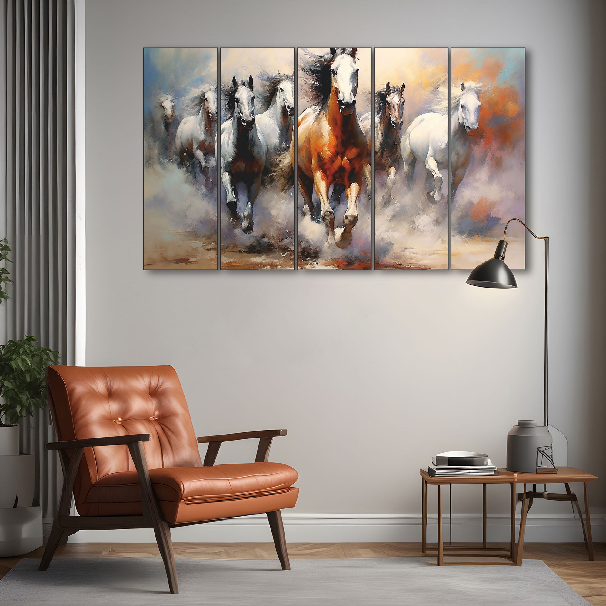 7 Vaastu Running Horses Painting with frame Big Size Wall Art for living room,Bedroom,Drawing room,Hotels