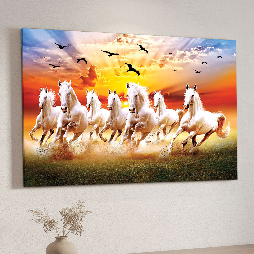The Castle Decor 7 Running White Horses Wall Painting, Sunrise Sunset Theme, Vastu Wall Art for Living Room, Office, Bedroom Decor 12x18 inch 1003
