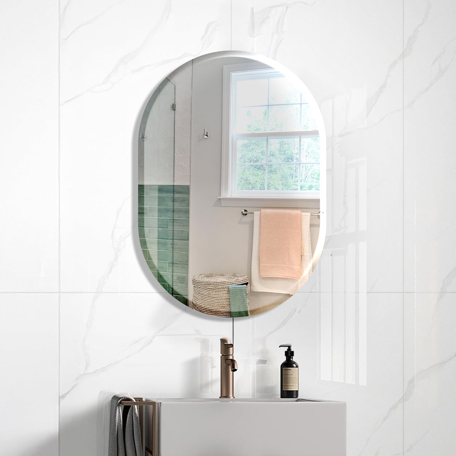 The Castle Decor Capsule Glass Mirror for Bathroom Wall, Frameless 5mm Silver Glass Mirror with Beveled Edges, 18x24 Inch
