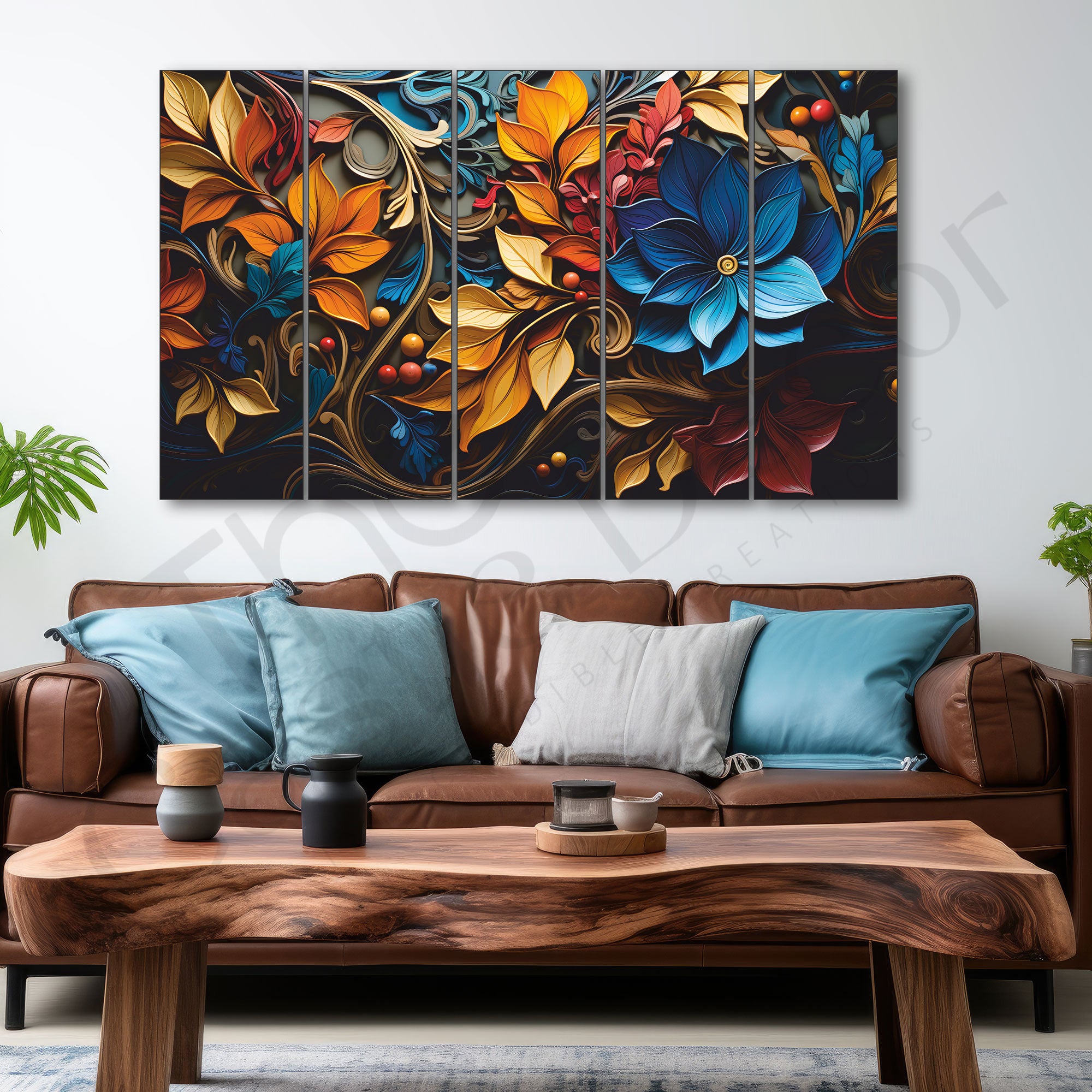 Multicolour flower Set of 5 Big Size Multiple Frames Wall Art Painting for living room,Bedroom,Drawing room,Hotels-Wooden Framed-Digital Painting
