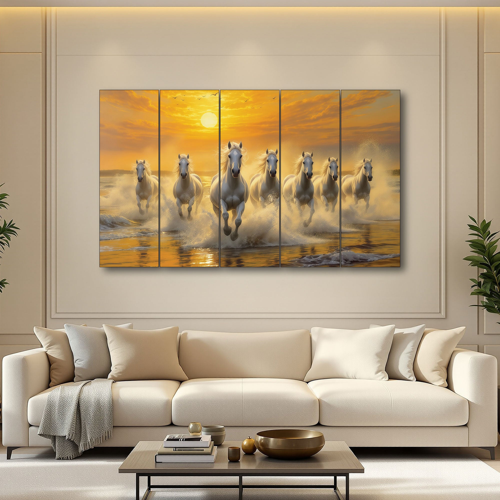 The Castle Decor 7 Running Sunrise Horses Wall Painting for Living Room Big Size Set of 5