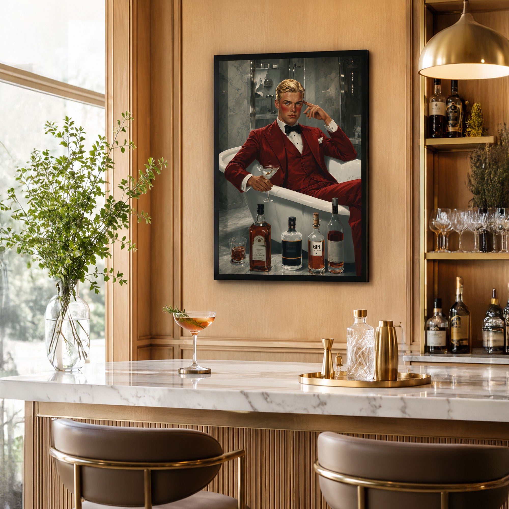 The Castle Decor Luxury Gentleman in Red Suit Cocktail Wall Painting | Premium Bar, Lounge, Man Cave & Restaurant Decor
