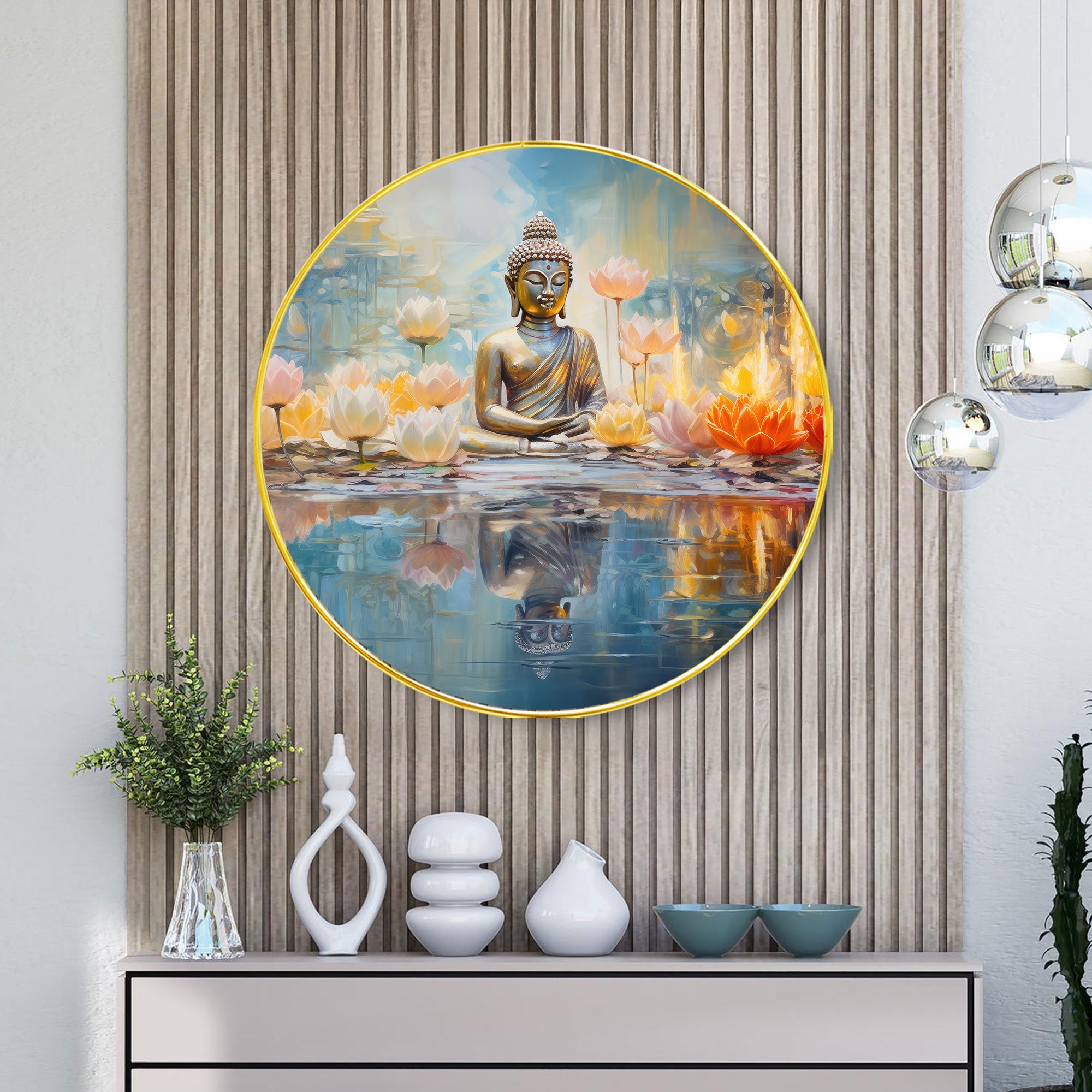 The Castle Decor Buddha Round Wall Hanging | Elegant Golden Slim Frame Spiritual Wall Décor for Living Room, Bedroom, Office, Hotel & Gift