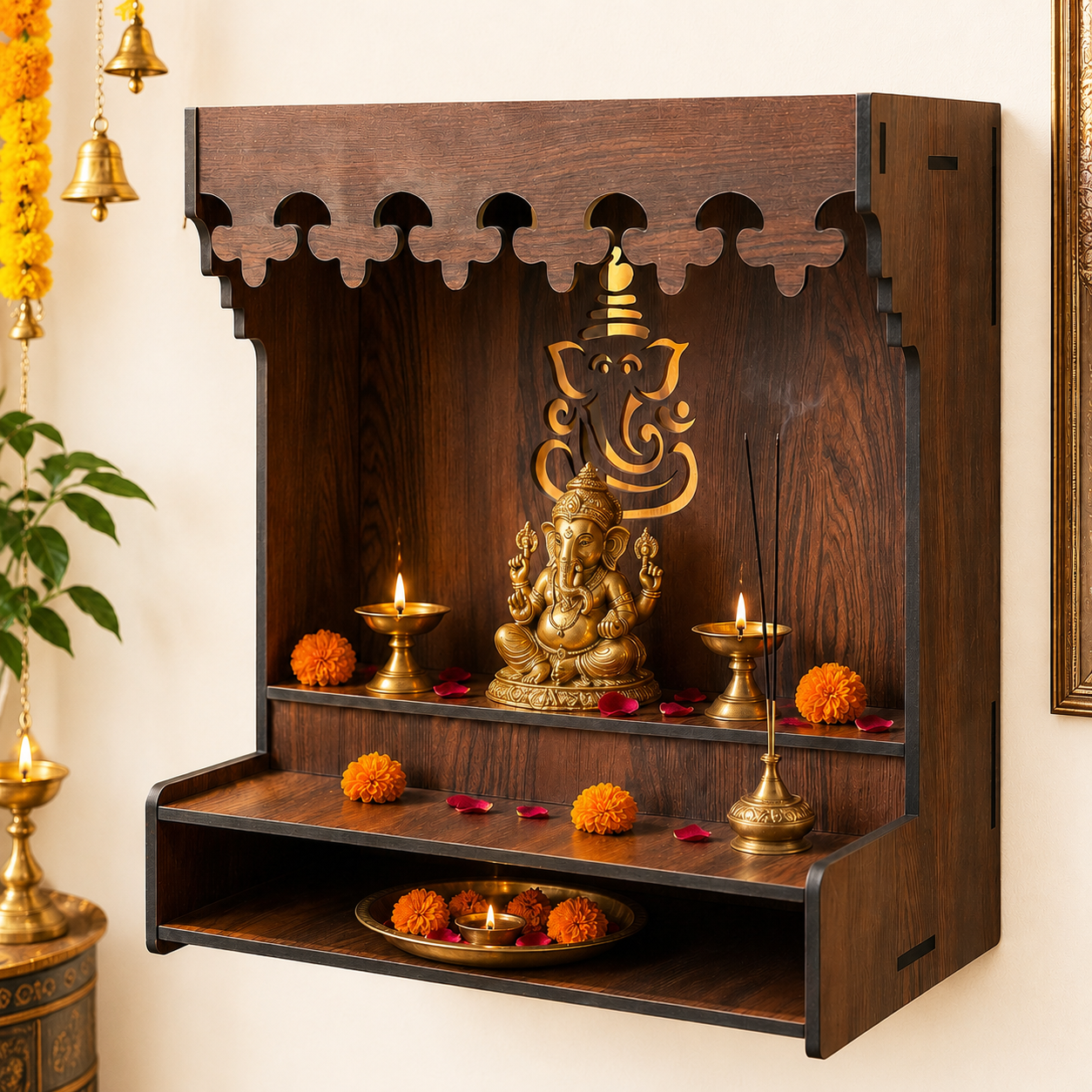 The Castle Decor Wooden Mandir for Home, Wall Hanging & Tabletop Pooja Temple with Ganesha Cutwork, 2-Tier Storage Shelf, Mandir for Pooja Room, Office, Hostel & Apartment, 13 x 15 x 8 Inch