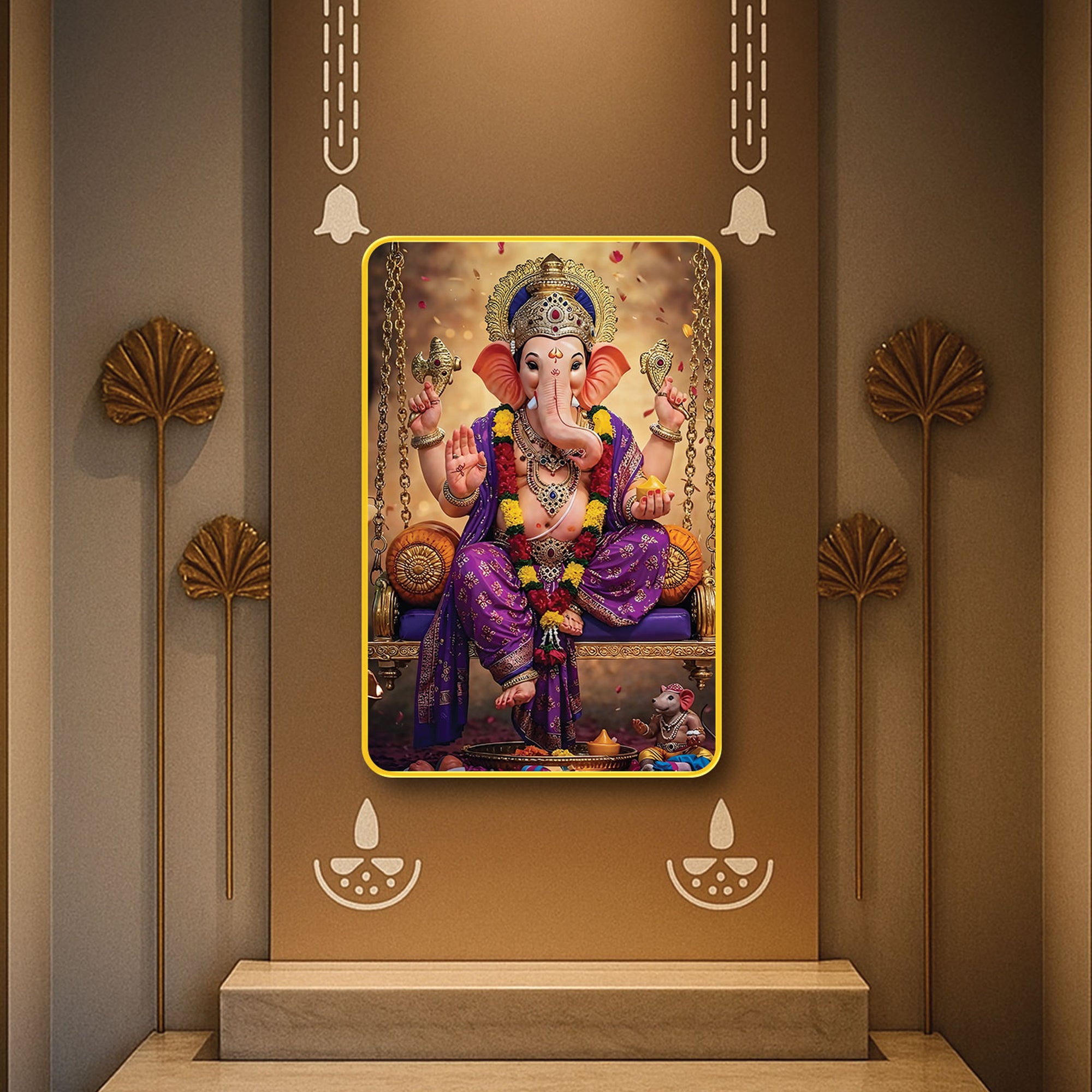 The Castle Decor Ganpati Bappa Wall Painting (20x30 Inch) | Sparkle Laminated Ganesha Art | Golden Slim Frame with MDF | Hindu God Decorative Photo for Home, Mandir & Gift | Spiritual Wall Decor