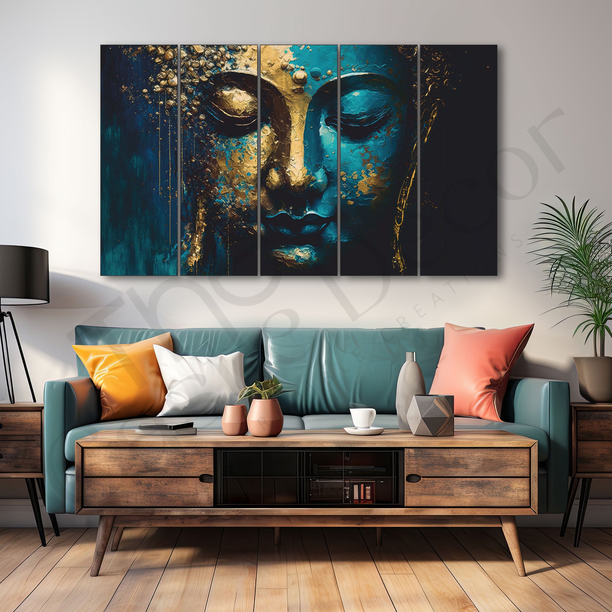 Lord Budha face Golden canvas touch Set of 5 Big Size Multiple Frames Wall Art Painting for living room,Bedroom,Drawing room,Hotels-Wooden Framed-Digital Painting