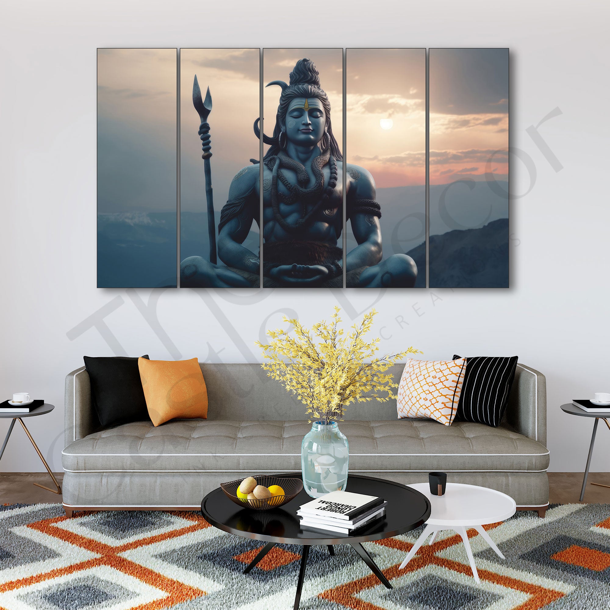 Lord Shiva Mahadev rising sun Set of 5 Big Size Multiple Frames Wall Art Painting for living room,Bedroom,Drawing room,Hotels-Wooden Framed-Digital Painting