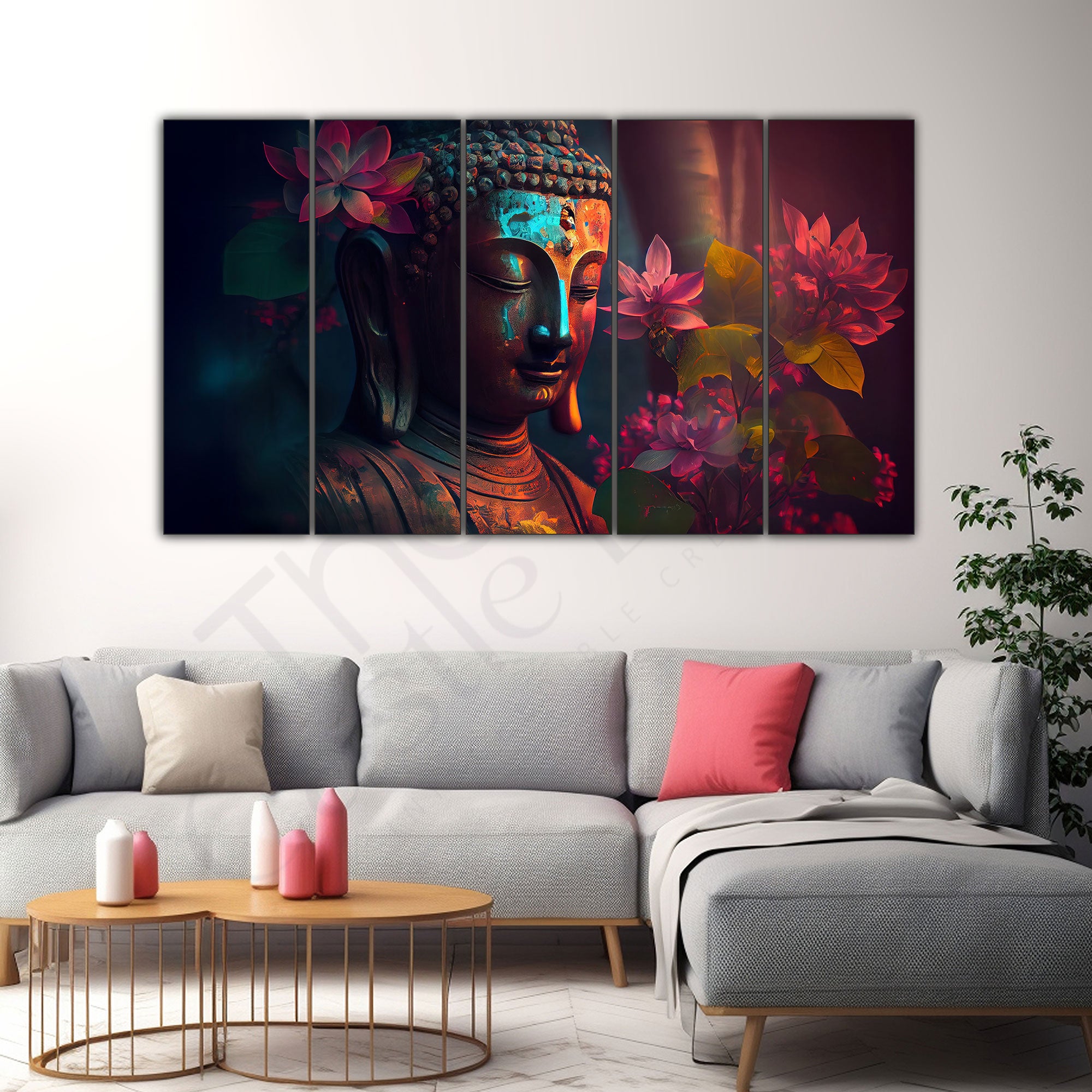 lord Budha Beautiful flowers Set of 5 Big Size Multiple Frames Wall Art Painting for living room,Bedroom,Drawing room,Hotels-Wooden Framed-Digital Painting