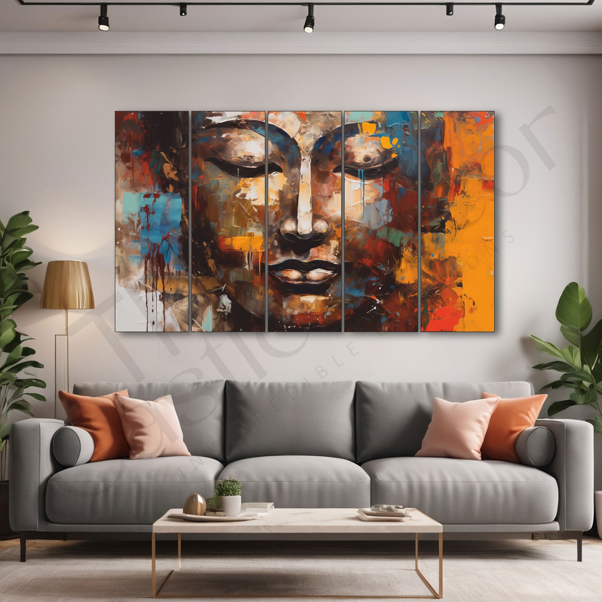 Lord Budha canvas texture Set of 5 Big Size Multiple Frames Wall Art Painting for living room,Bedroom,Drawing room,Hotels-Wooden Framed-Digital Painting