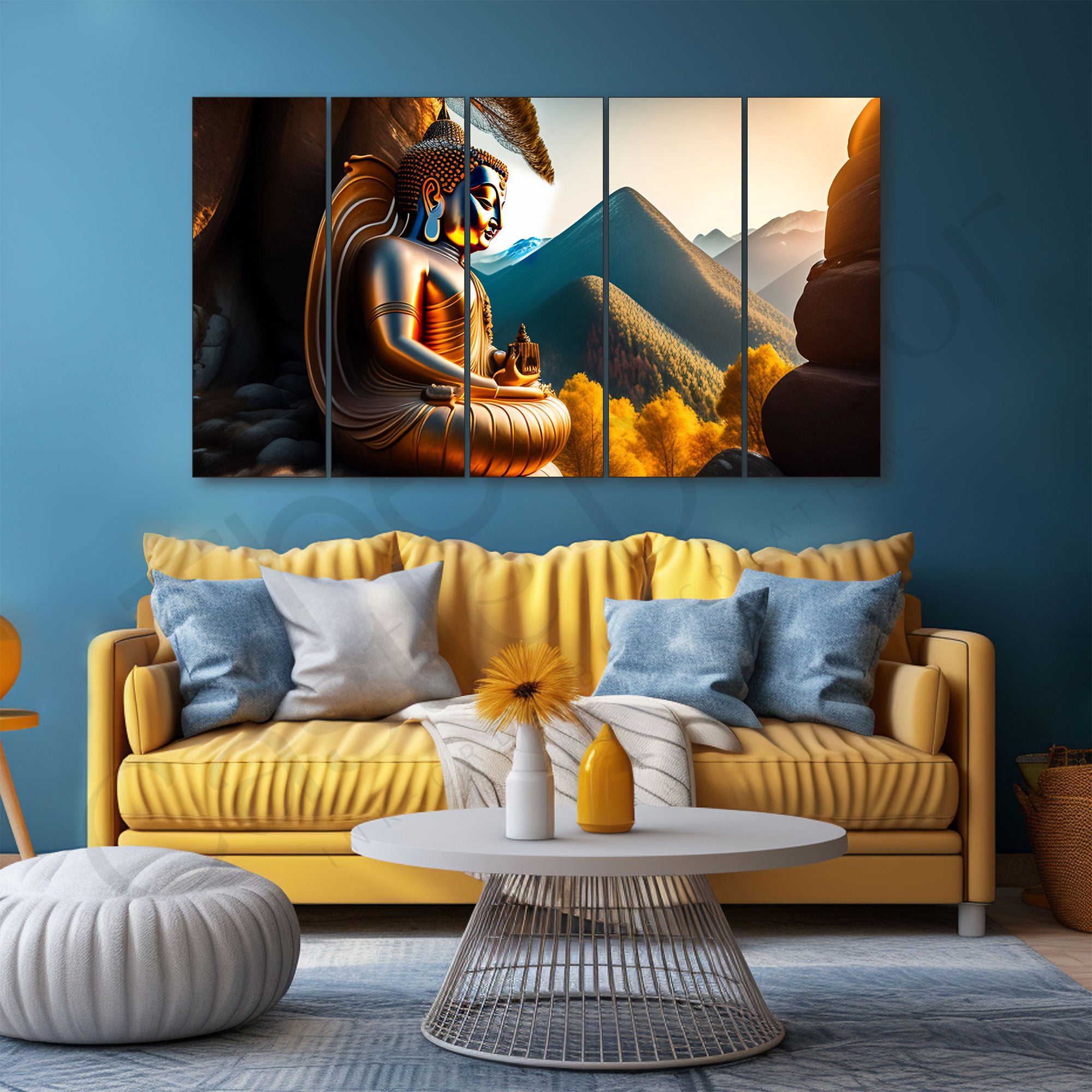 Shakyamuni Buddha| Gautama Buddha| Set of 5 Big Size Multiple Frames Wall Art Painting for living room,Bedroom,Drawing room,Hotels-Wooden Framed-Digital Painting