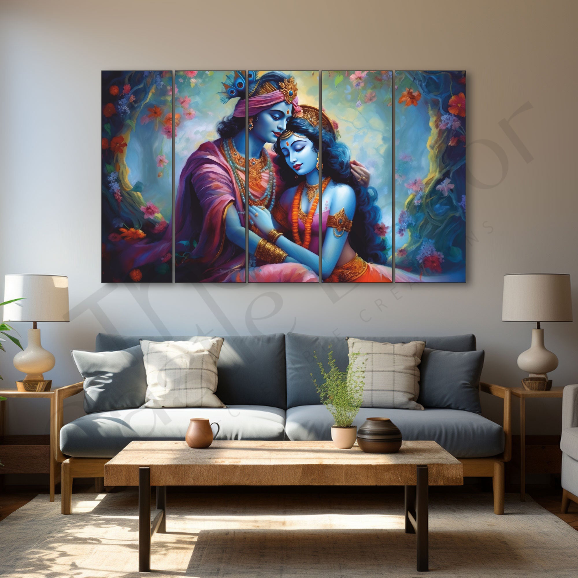 love of Radha krishan Set of 5 Big Size Multiple Frames Wall Art Painting for living room,Bedroom,Drawing room,Hotels-Wooden Framed-Digital Painting