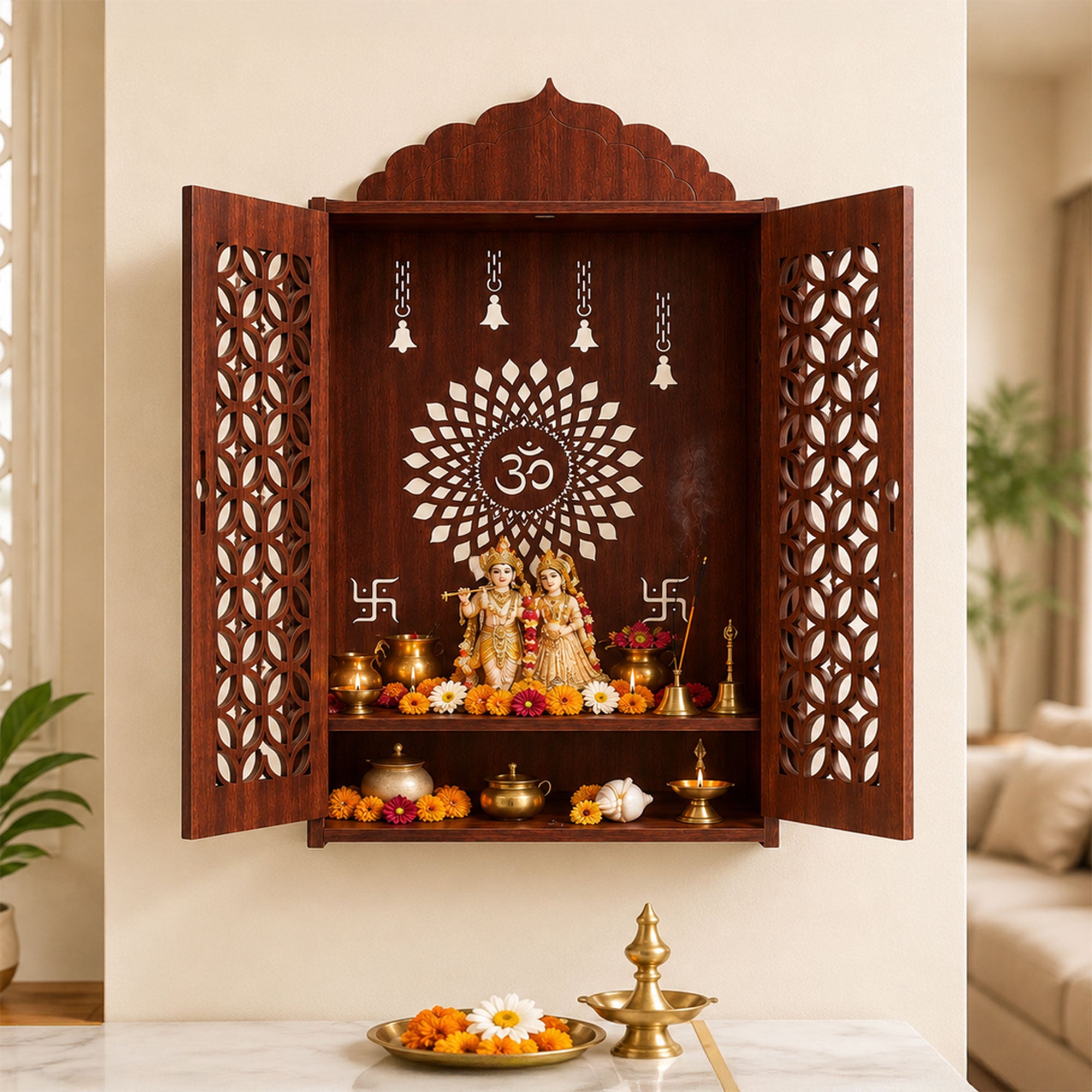 The Castle Decor Wooden Mandir for Home, Premium MDF Home Temple with Double Doors for Pooja Room, Wall Hanging & Tabletop Temple, Matte Finish, 16.5 x 24.5 x 10.5 Inch