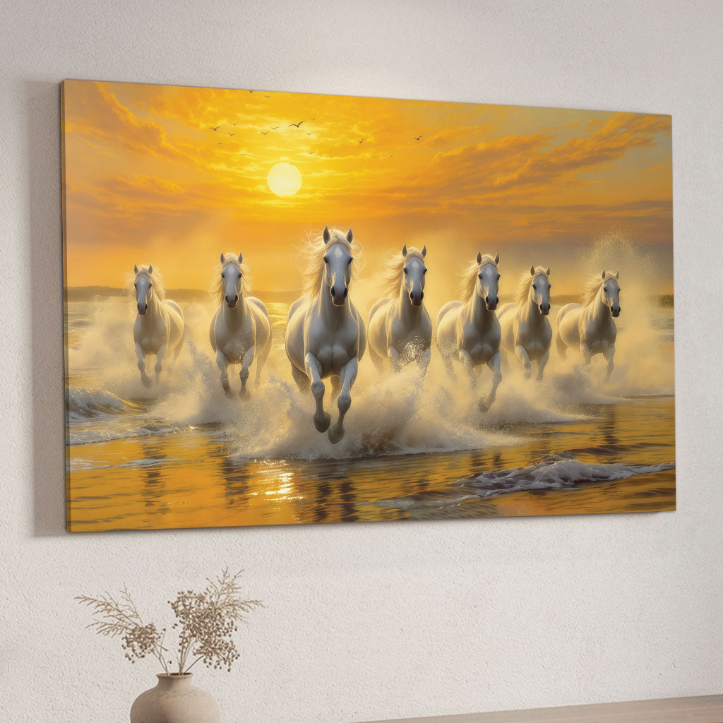 The Castle Decor 7 Running White Horses Wall Painting, Sunrise Sunset Theme, Vastu Wall Art for Living Room, Office, Bedroom Decor 12x18 inch 1002